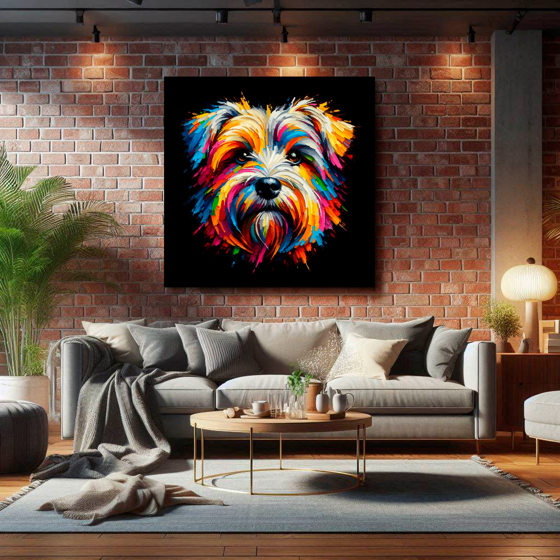 Large Dandie Dinmont Terrier canvas on brick wall above grey sofa - bold dog portrait UK living room