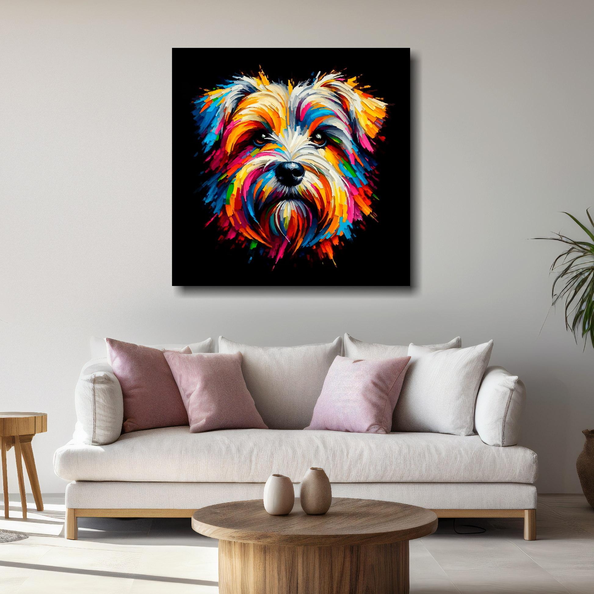 Large Dandie Dinmont Terrier canvas above white sofa - vibrant abstract dog portrait wall art UK