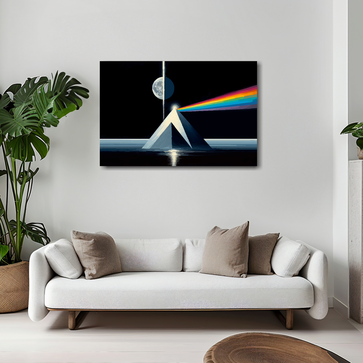 Dark side of the moon canvas 30x20 inches above white sofa - vibrant space wall art UK
