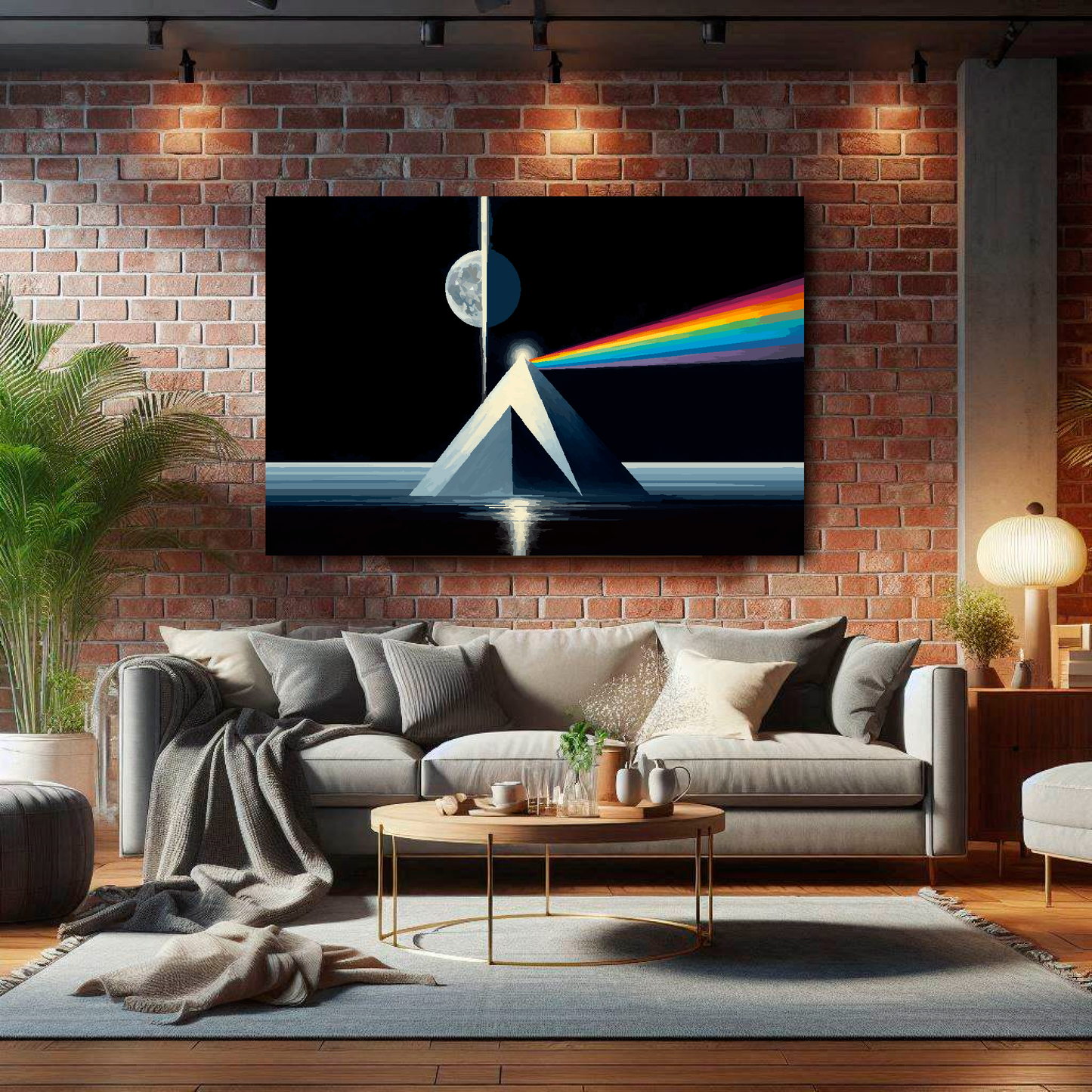 Large dark side of the moon canvas on brick wall above grey sofa - bold space art UK living room