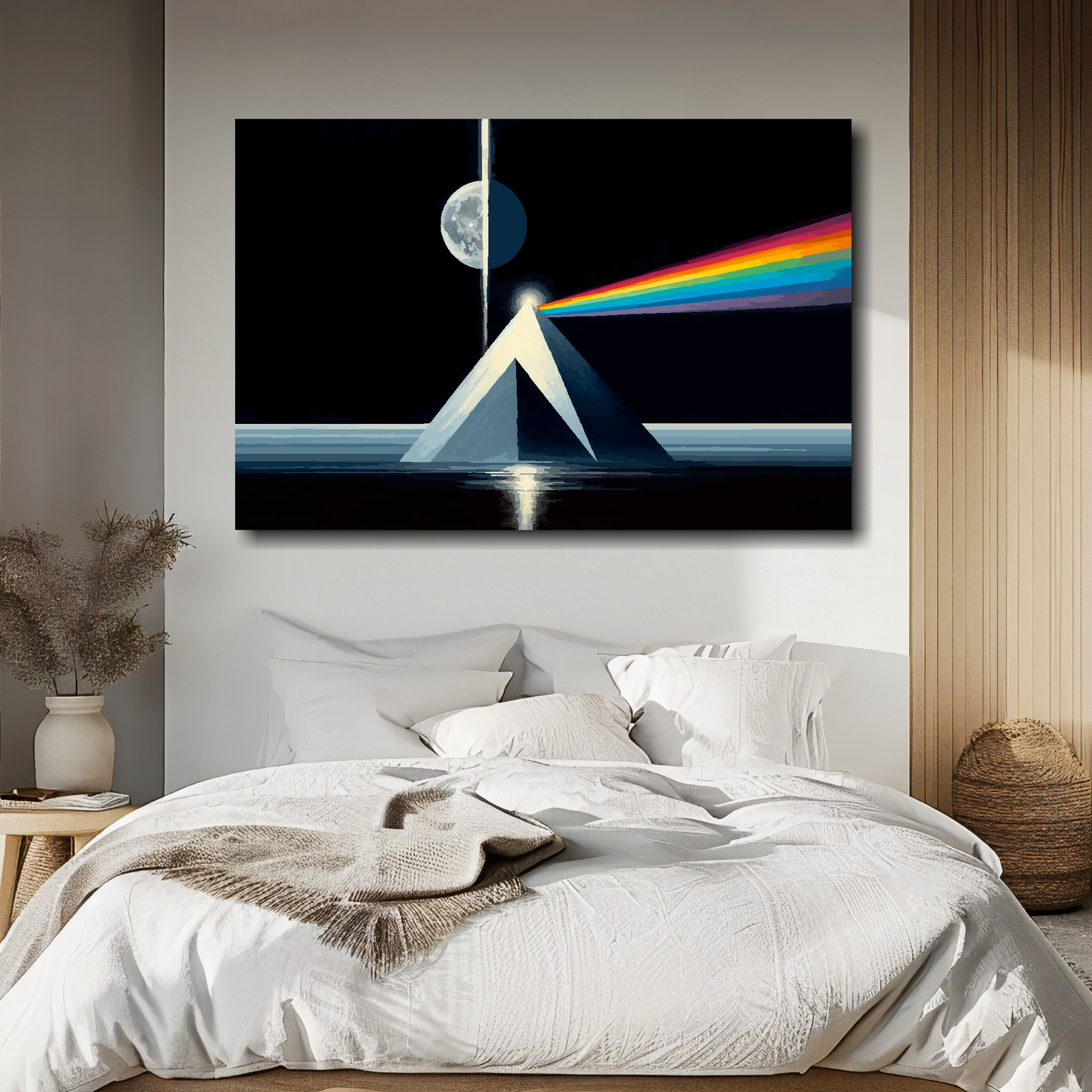 Dark side of the moon canvas above bed - colourful space wall decor for UK bedrooms
