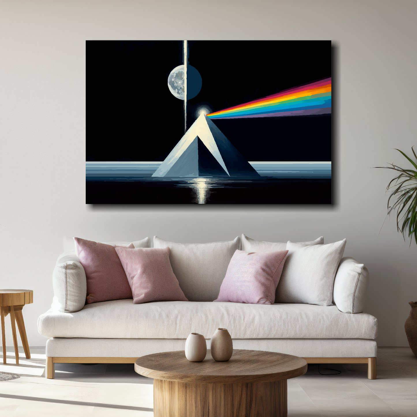 Large dark side of the moon canvas above white sofa - vibrant abstract space wall art UK