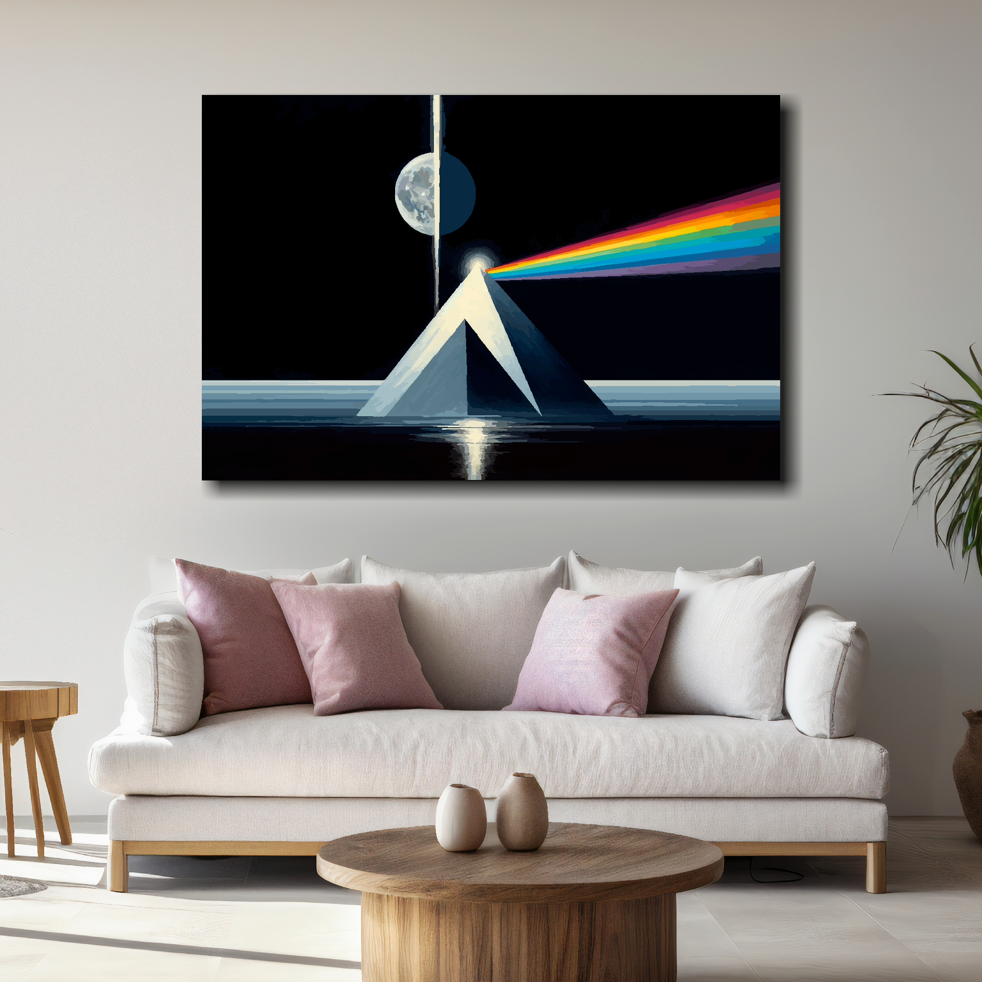Large dark side of the moon canvas above white sofa - vibrant abstract space wall art UK