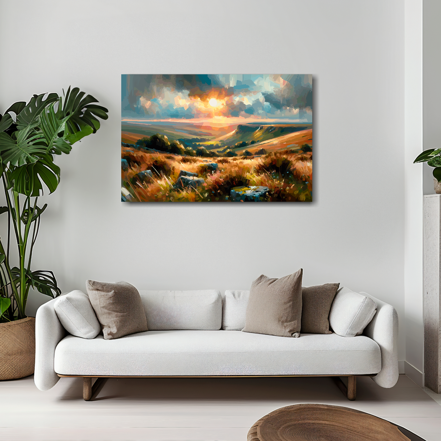 Dartmoor canvas 30x20 inches above white sofa - vibrant UK countryside wall art
