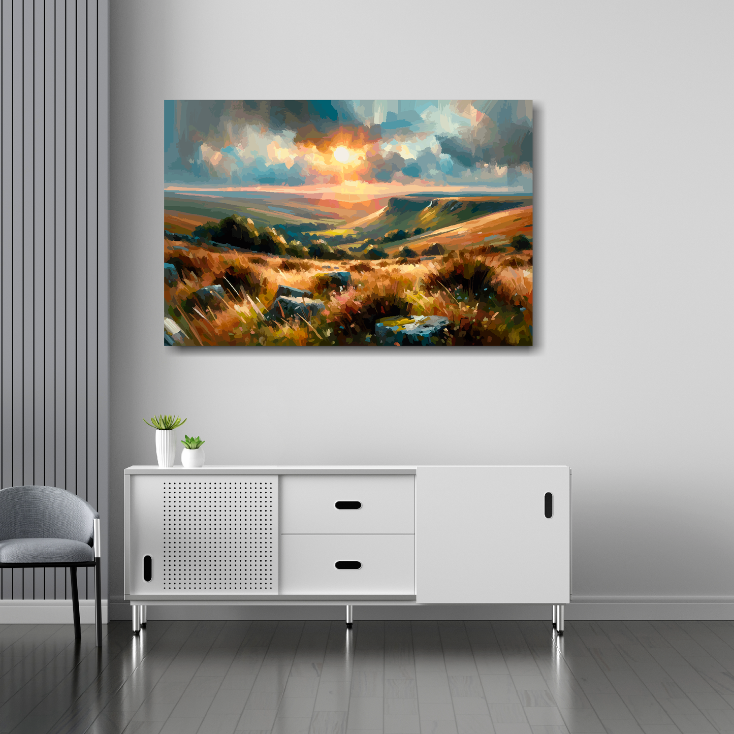Dartmoor canvas 36x24 inches above sideboard - large colourful UK countryside art made in Britain