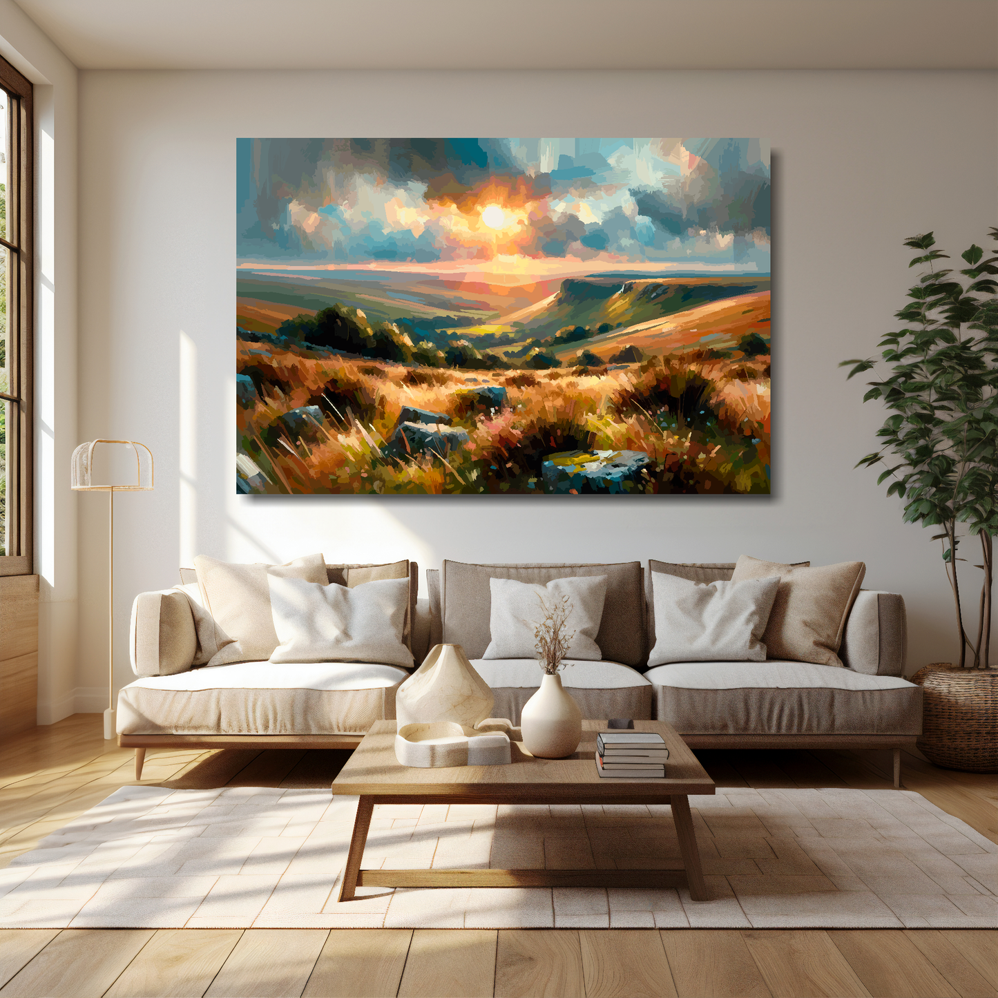 Dartmoor canvas 60x40 inches above cream sofa - XL vibrant UK countryside wall art