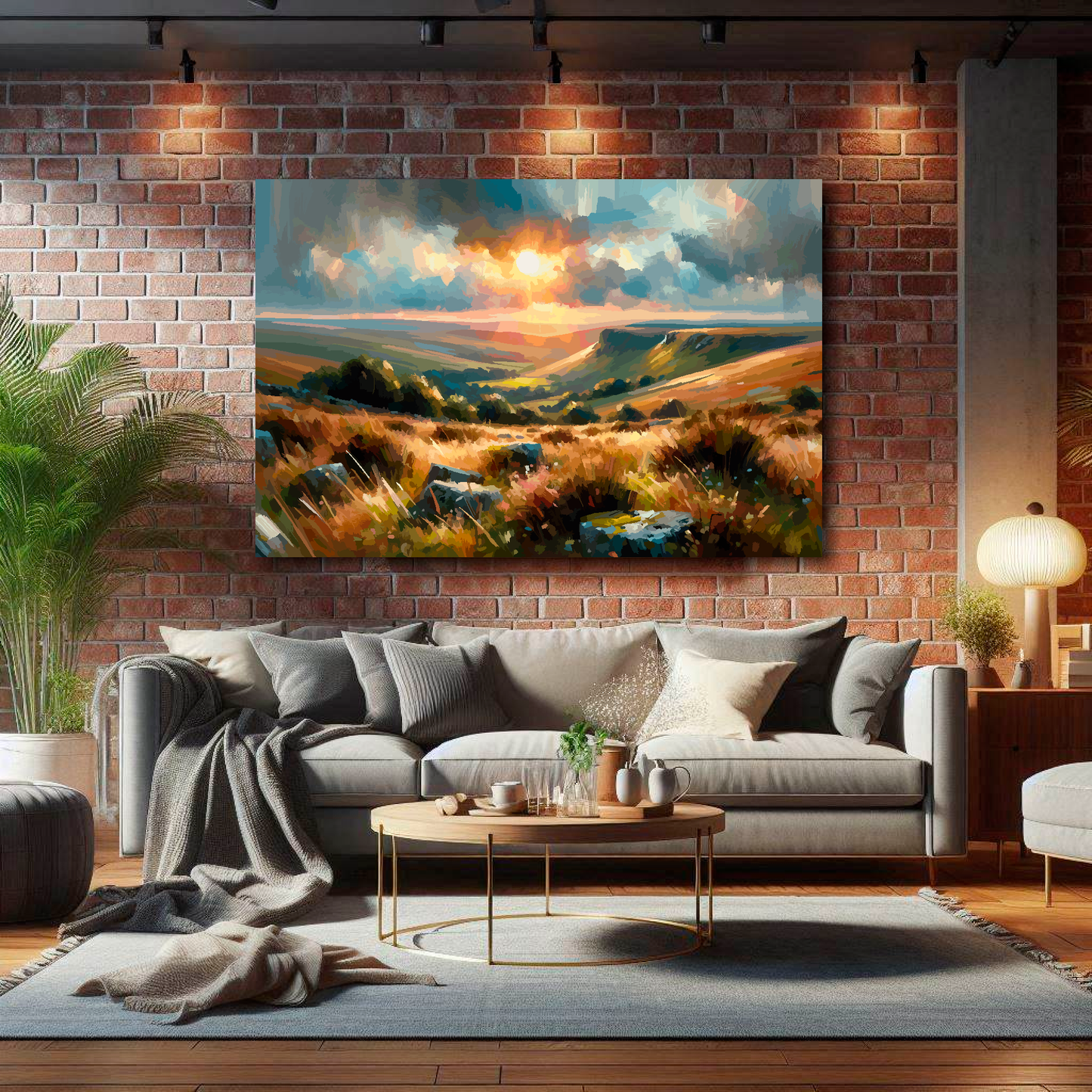 Large Dartmoor canvas on brick wall above grey sofa - bold UK countryside art living room