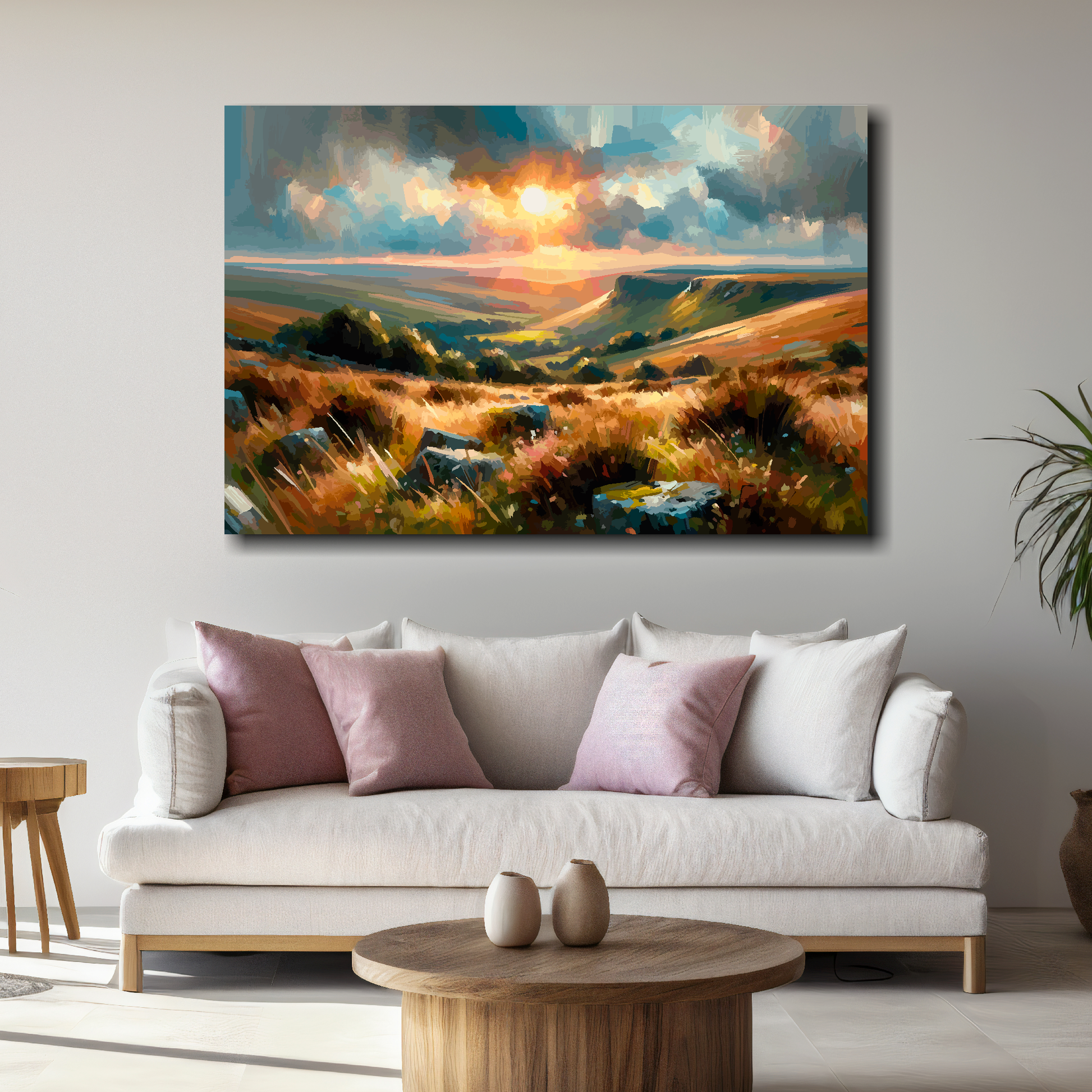 Large Dartmoor canvas above white sofa - vibrant abstract UK countryside wall art