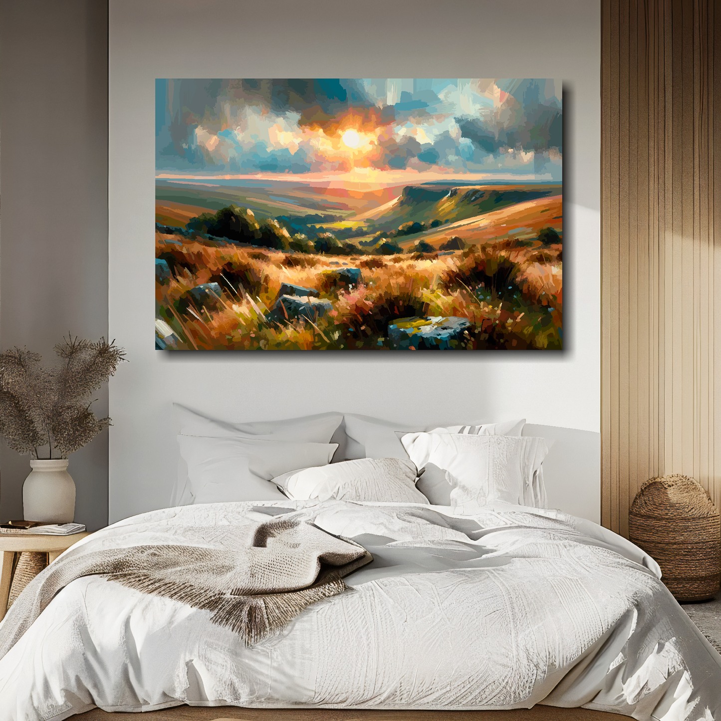 Dartmoor canvas above bed - colourful UK countryside wall decor for bedrooms