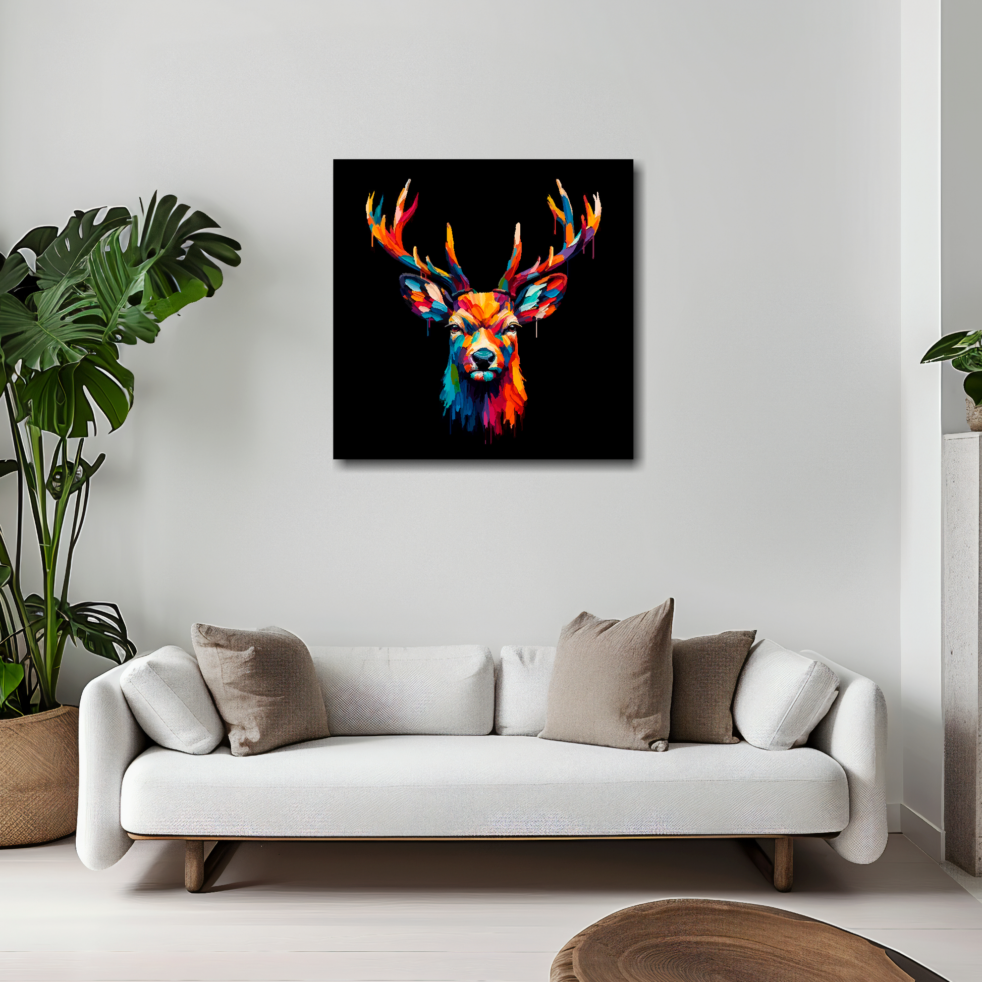 Deer canvas 20x20 inches above white sofa - vibrant wildlife portrait wall art UK