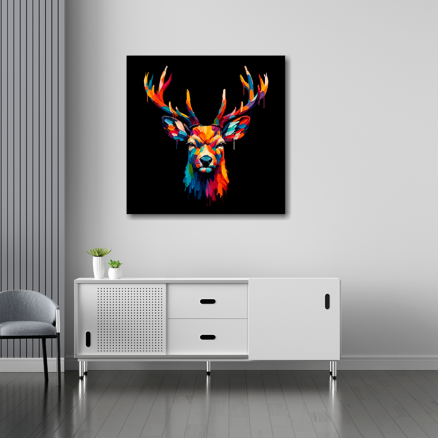 Deer canvas 30x30 inches above sideboard - large colourful wildlife portrait UK made