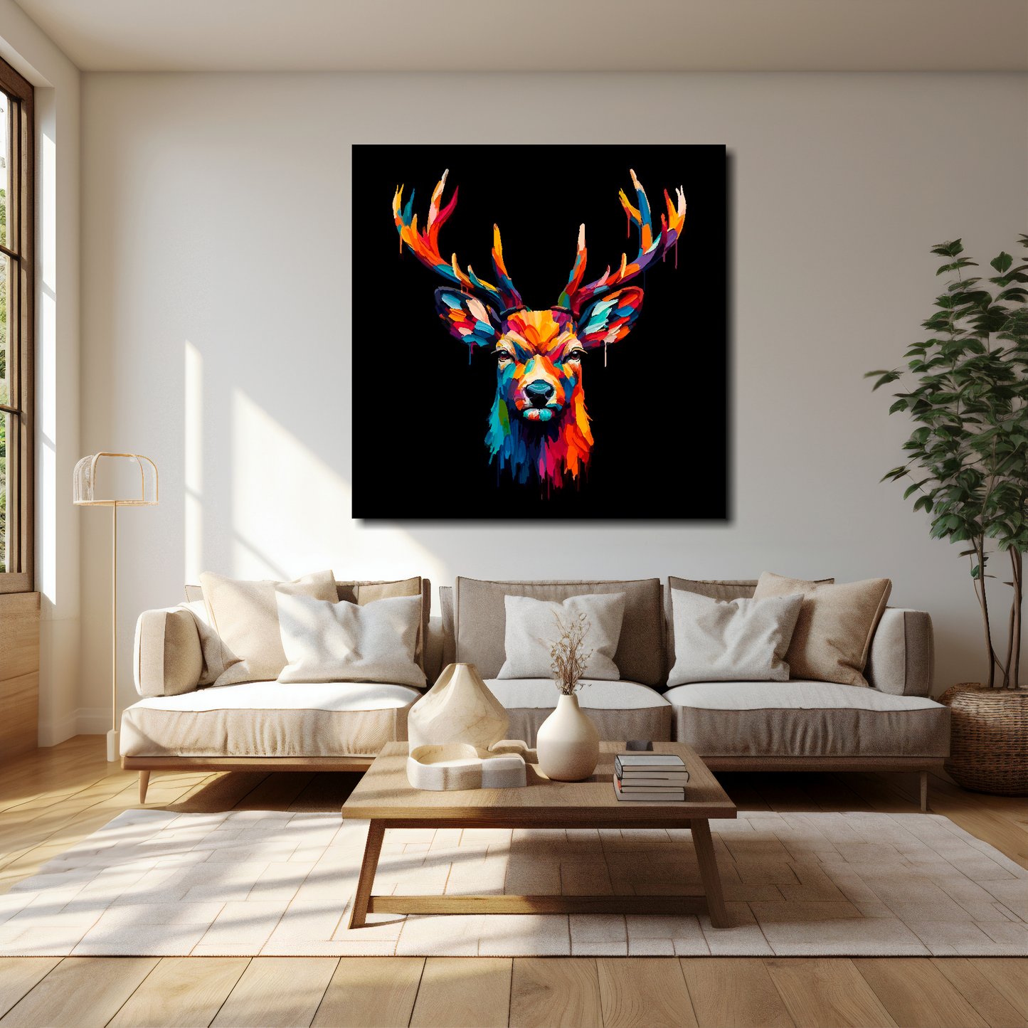 Deer canvas 40x40 inches above cream sofa - XL vibrant wildlife wall art UK
