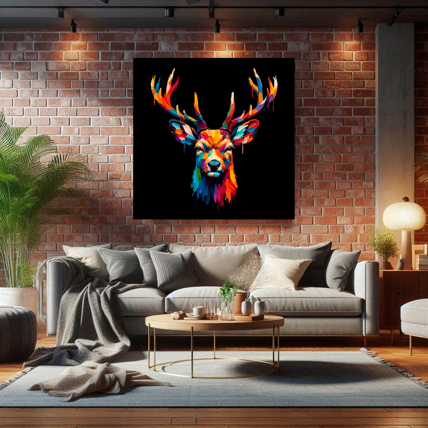 Large Deer canvas on brick wall above grey sofa - bold wildlife portrait UK living room