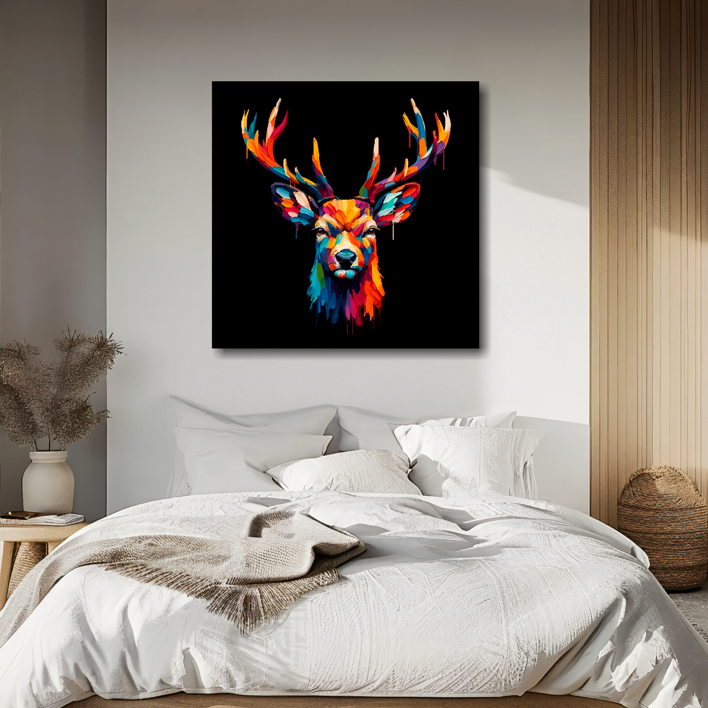 Deer portrait canvas above bed - colourful wildlife wall decor for UK bedrooms