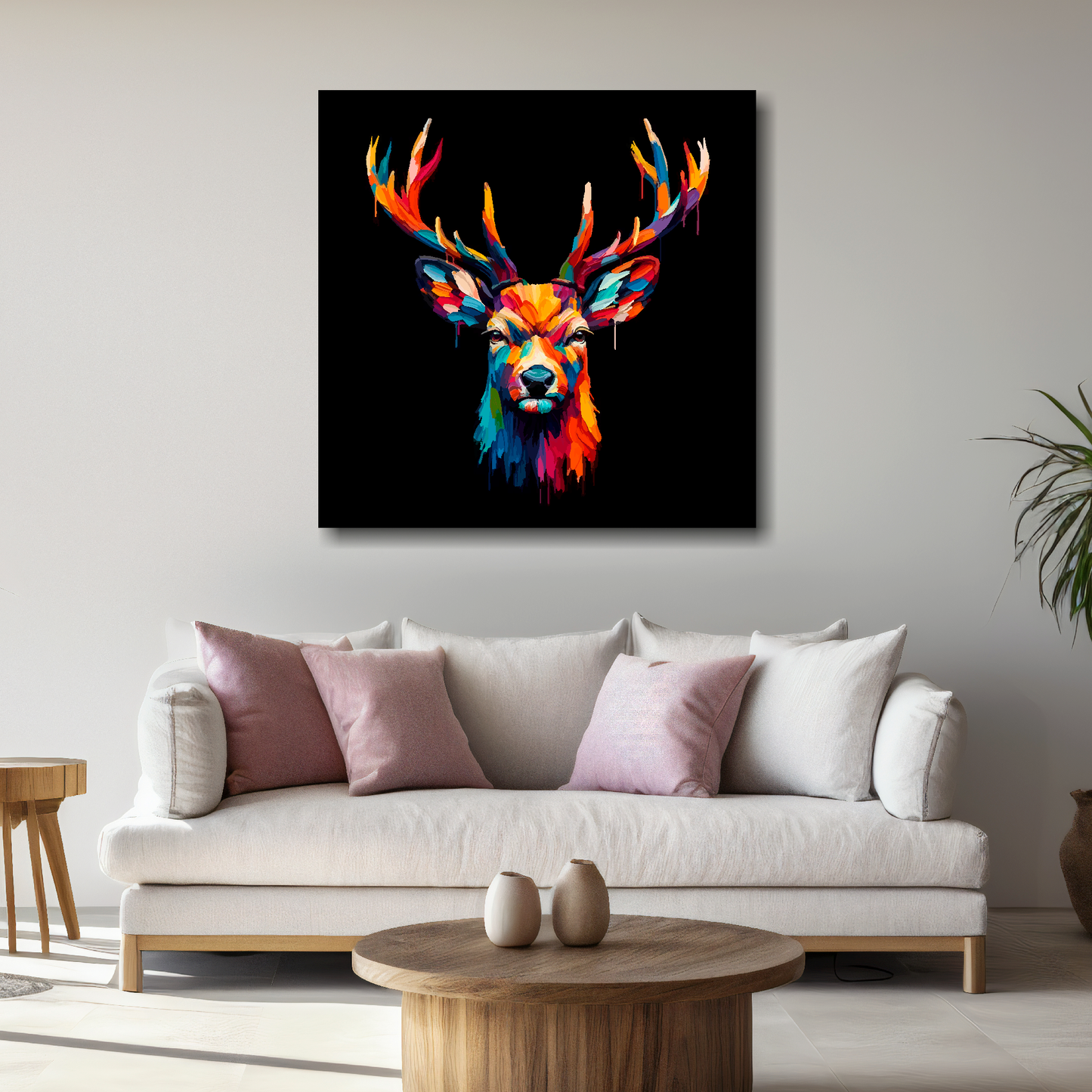 Large Deer canvas above white sofa - vibrant abstract wildlife portrait wall art UK