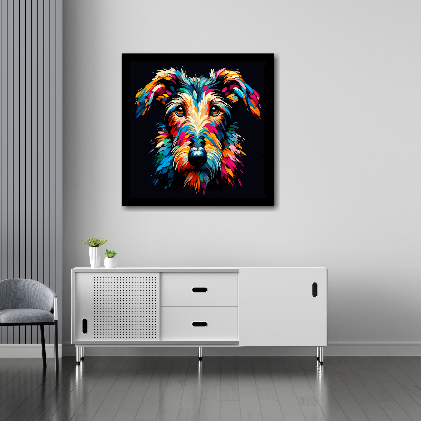 Deerhound canvas 30x30 inches above sideboard - large colourful dog portrait UK made