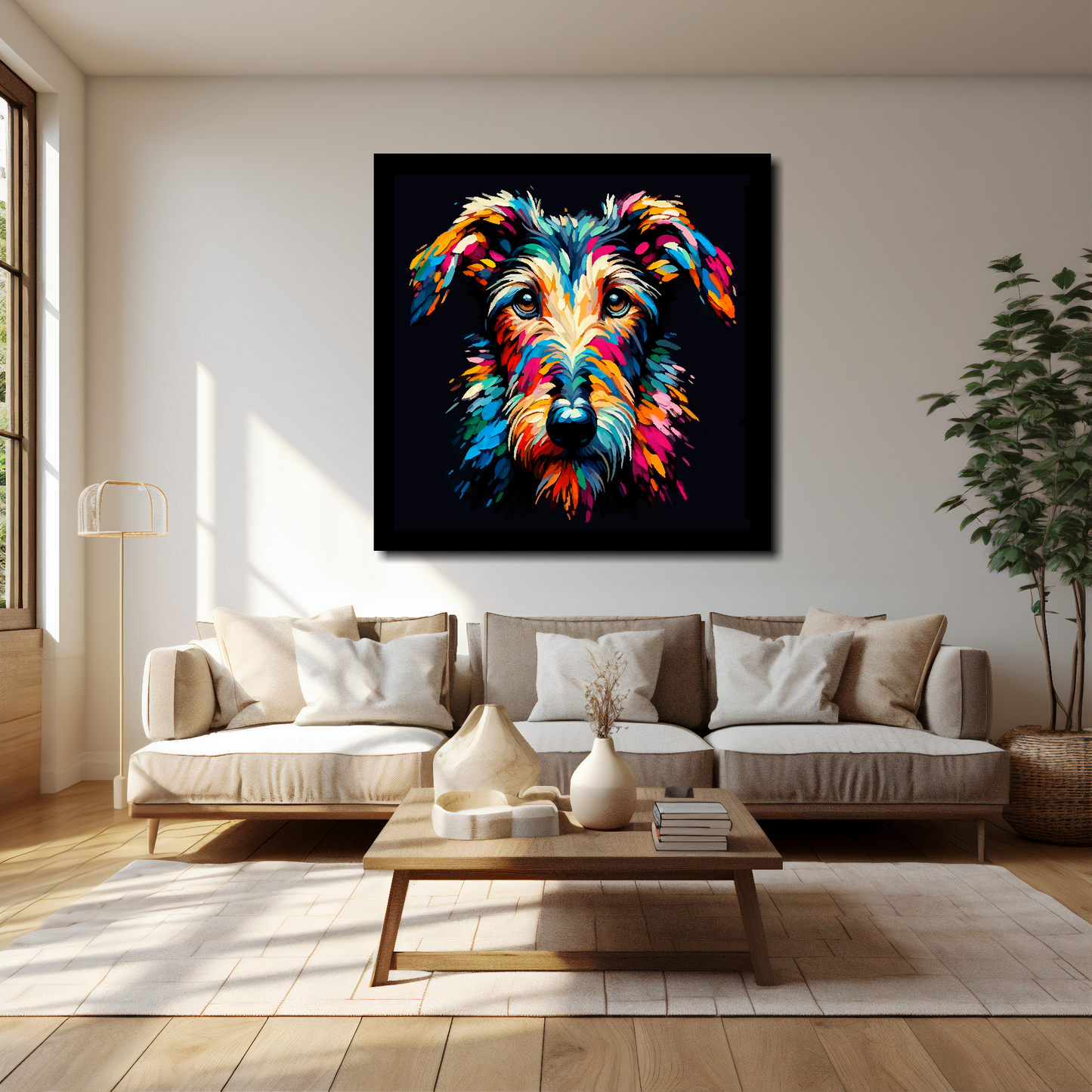 Deerhound canvas 40x40 inches above cream sofa - XL vibrant dog wall art UK