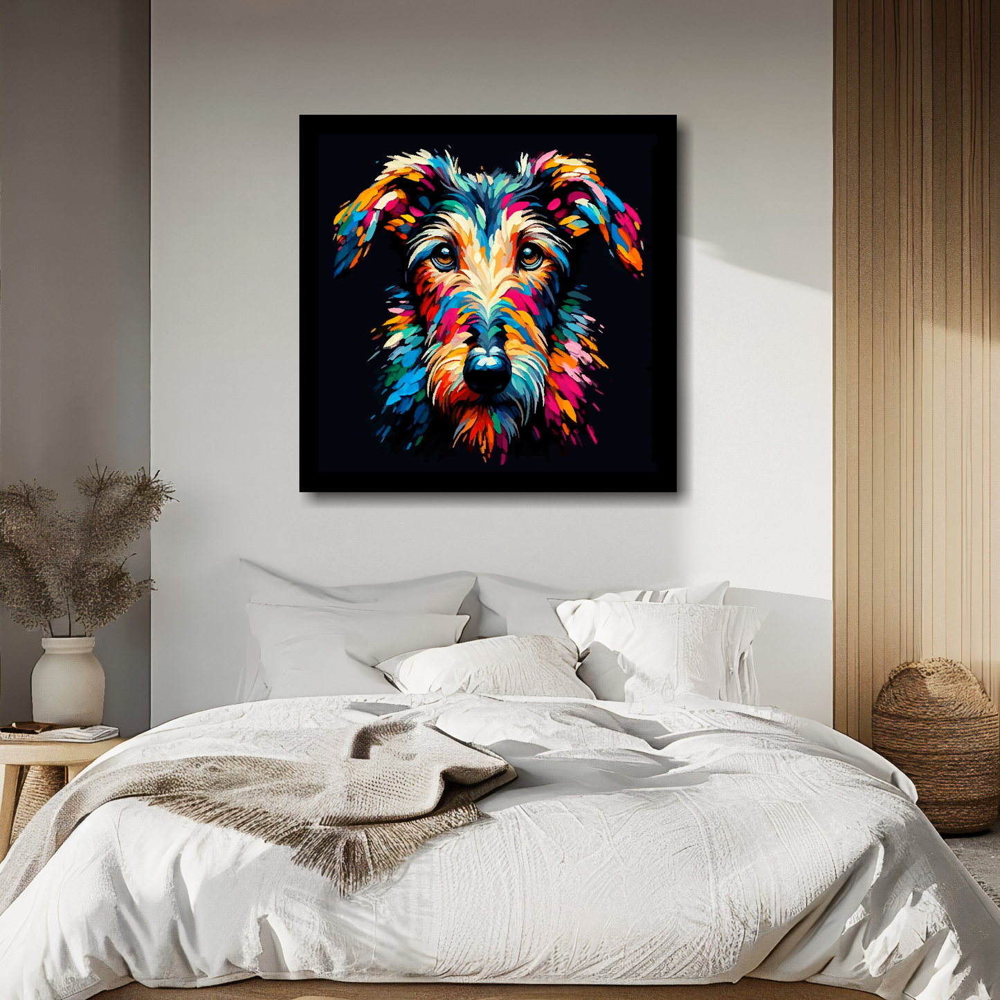 Deerhound portrait canvas above bed - colourful dog wall decor for UK bedrooms