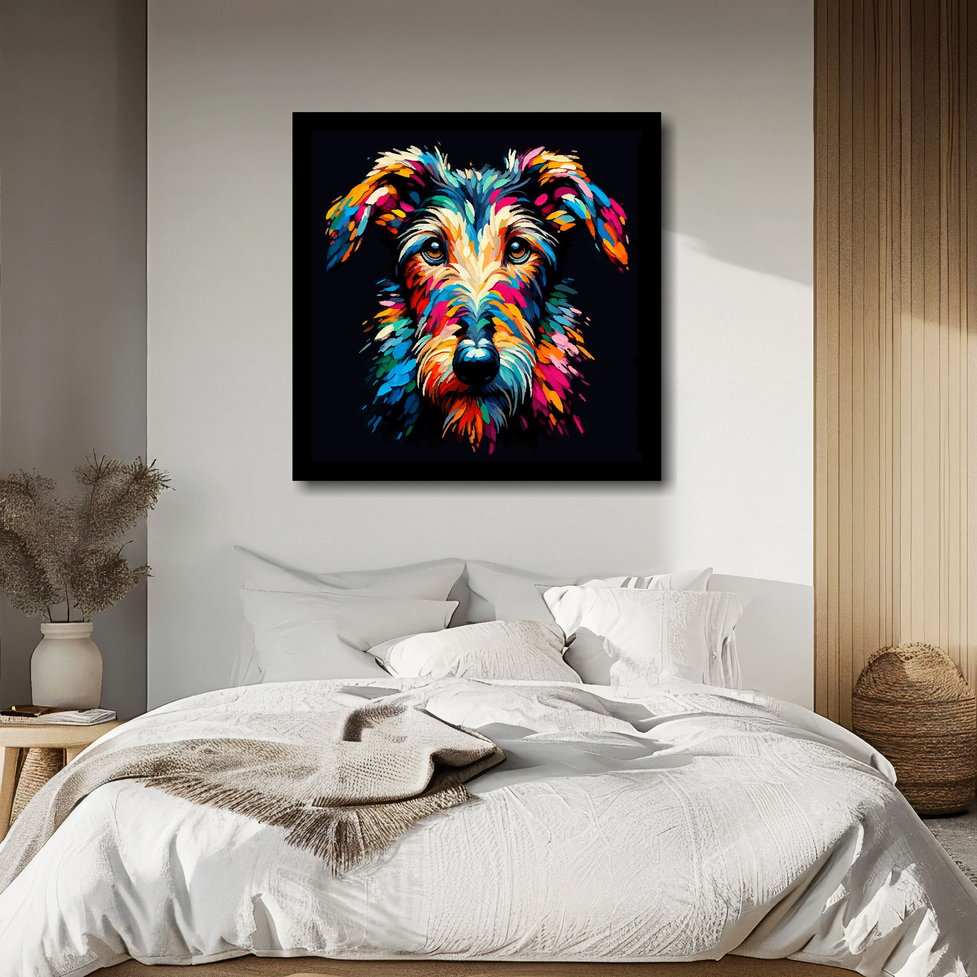 Deerhound portrait canvas above bed - colourful dog wall decor for UK bedrooms