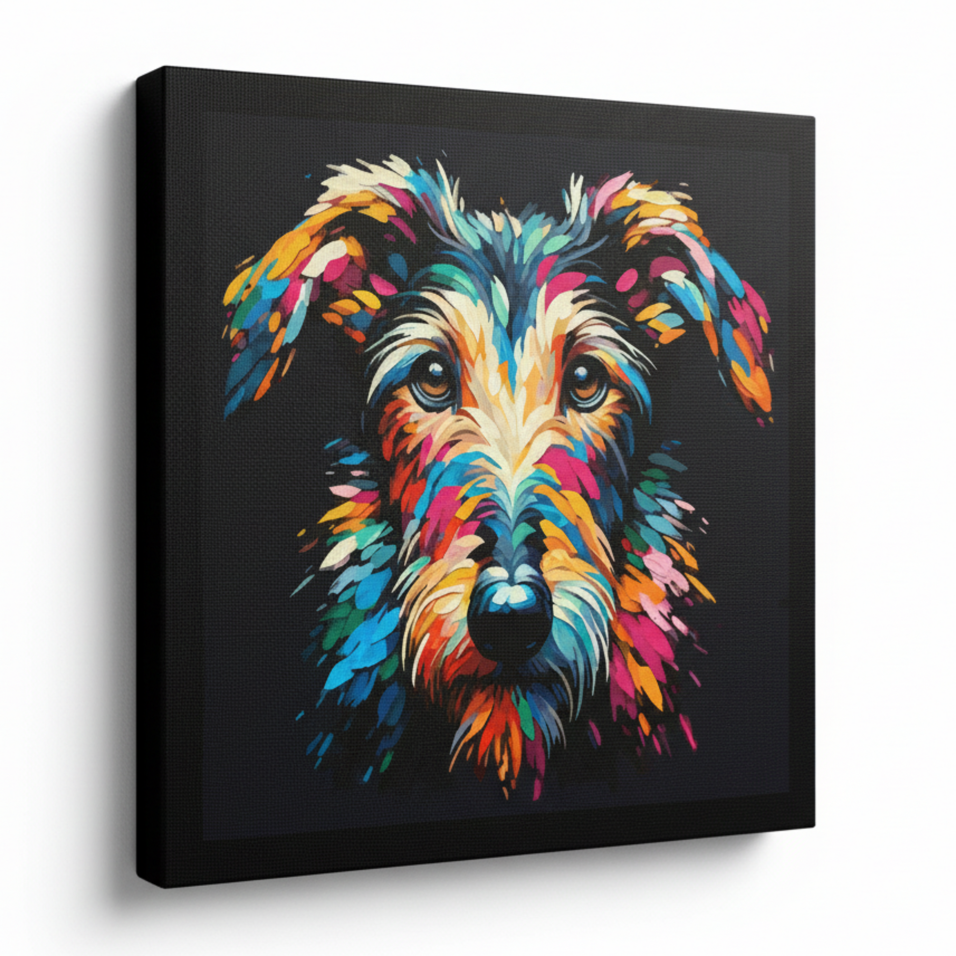 Colourful Deerhound dog portrait canvas print - UK made abstract pet wall art black background