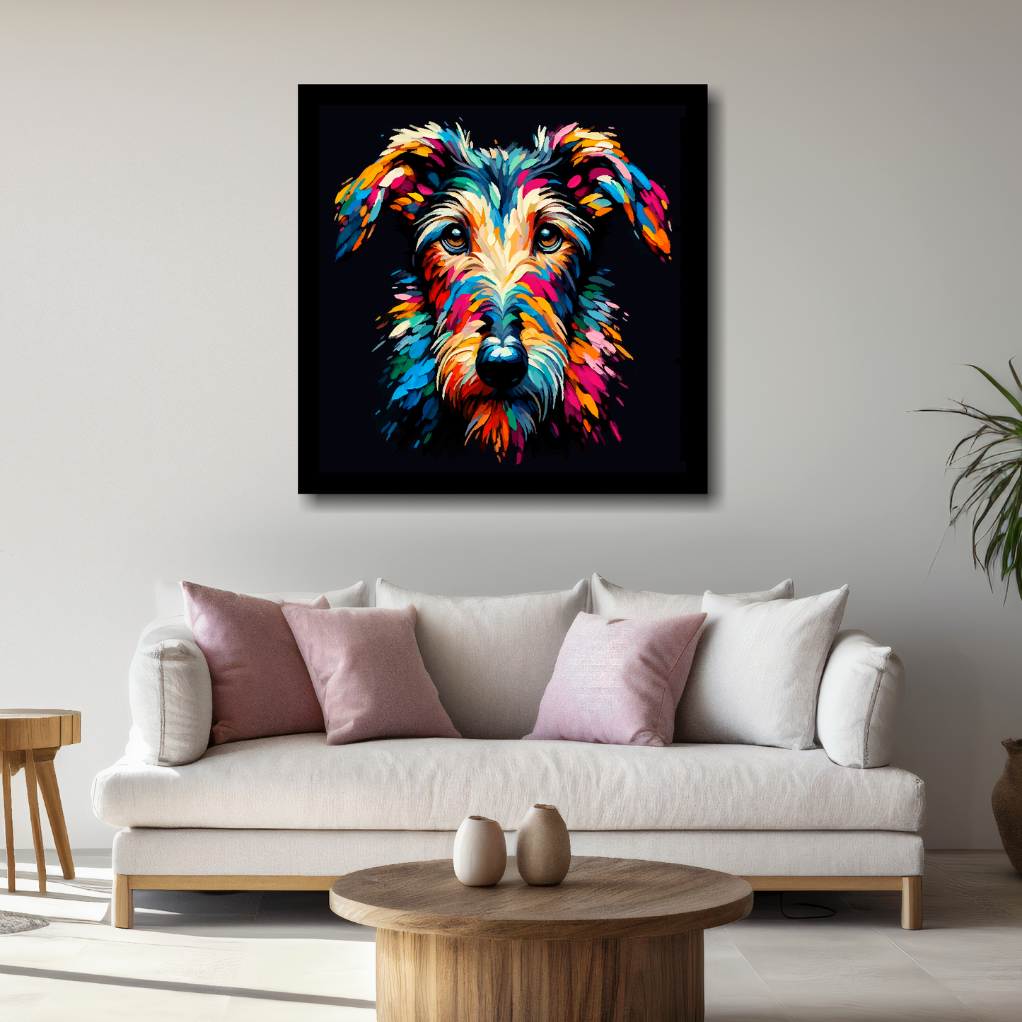 Large Deerhound canvas above white sofa - vibrant abstract dog portrait wall art UK