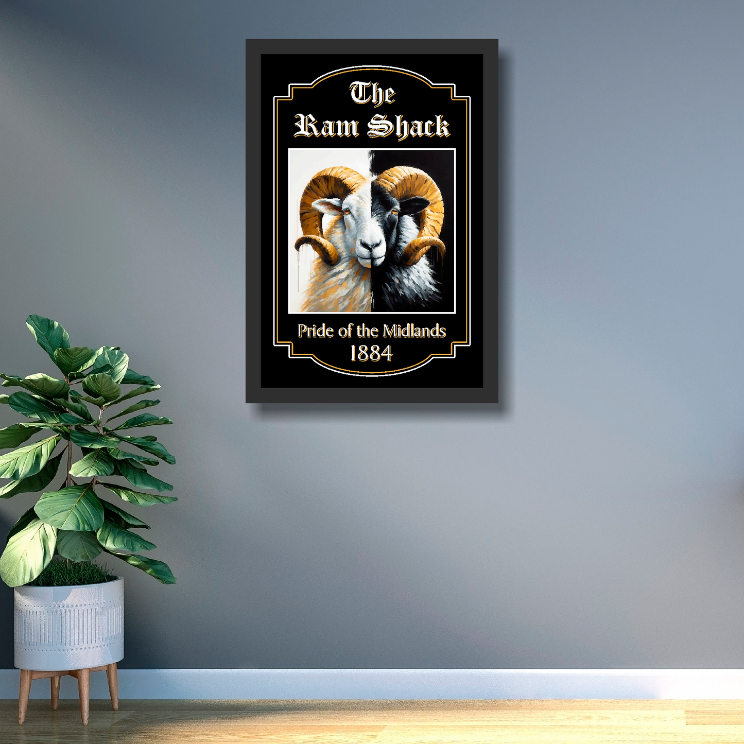 Derby County framed artwork of a ram with text 'The Ram Shack Pride of the Midlands 1884' on a gray wall.
