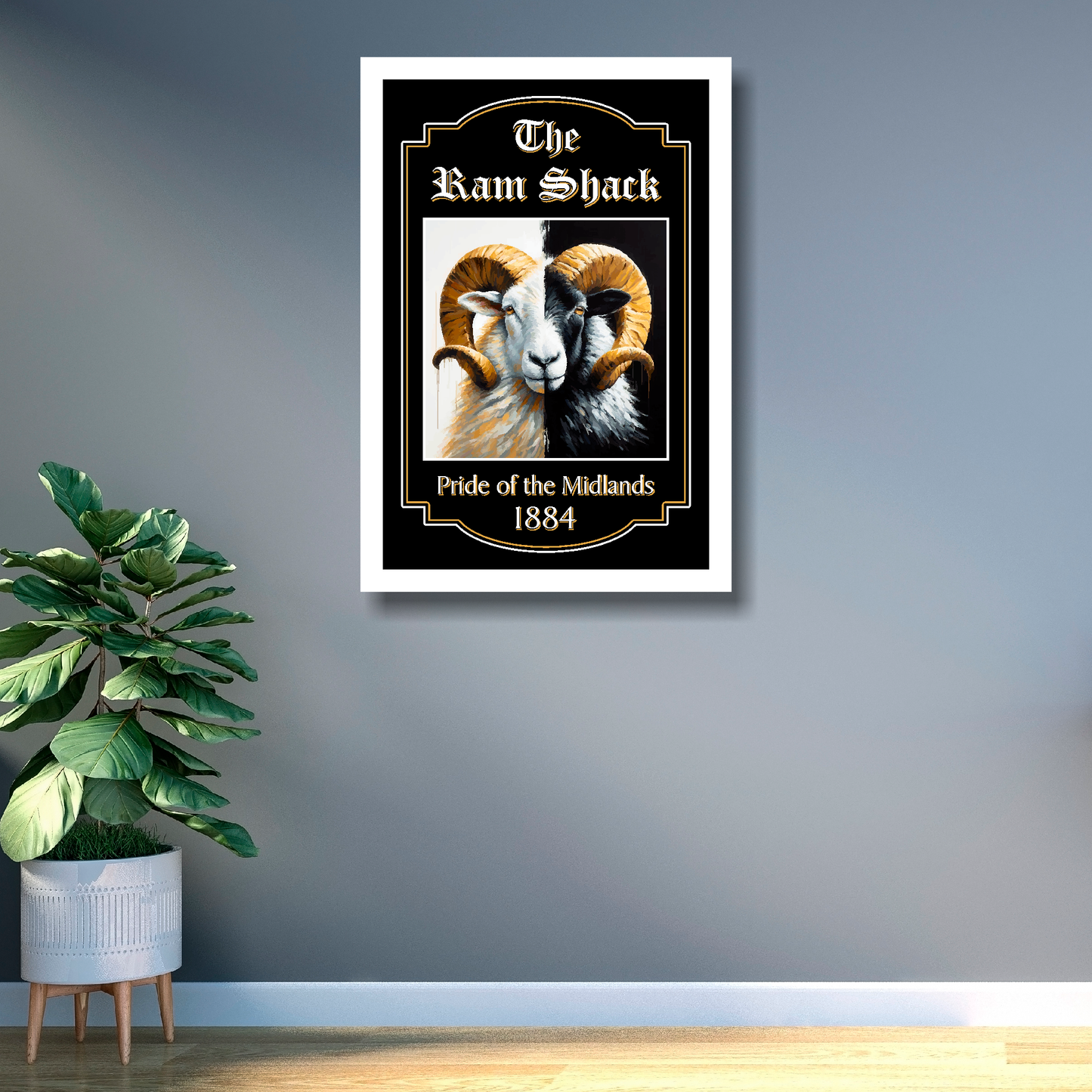Derby County FC framed artwork of a ram with text 'The Ram Shack Pride of the Midlands 1884' on a gray wall.