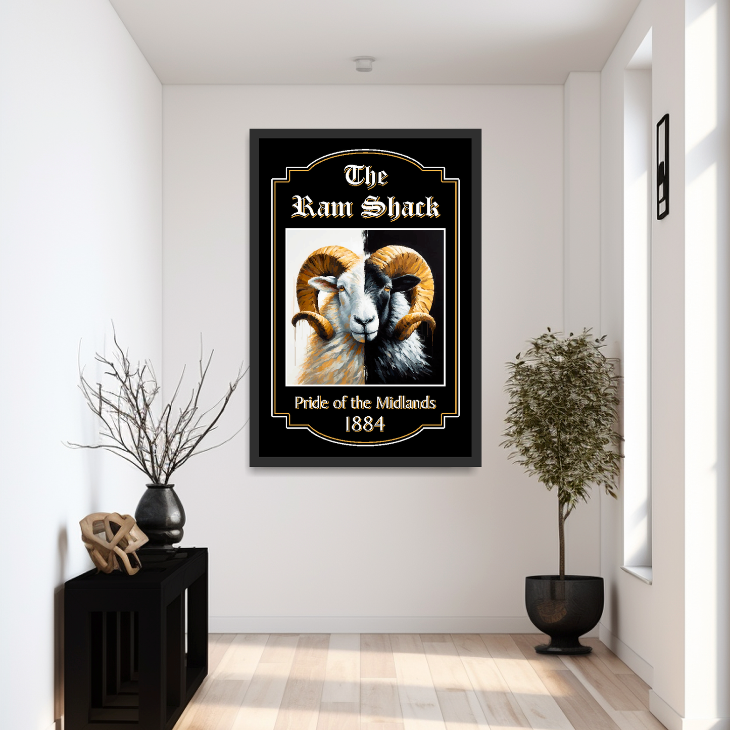 Derby County inspired framed poster of a ram with text on a wall in a modern interior setting.
