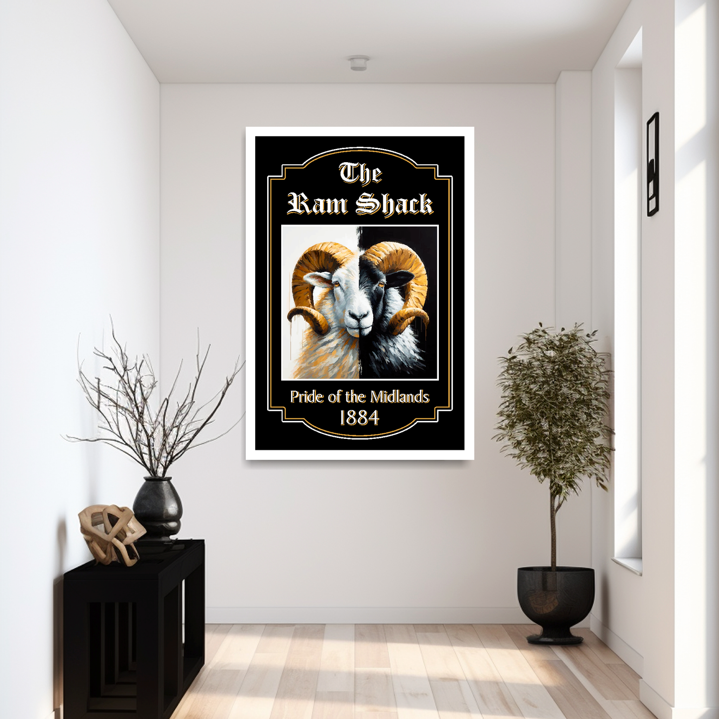 Derby County FC inspired framed poster of a ram with text on a wall in a modern interior setting.