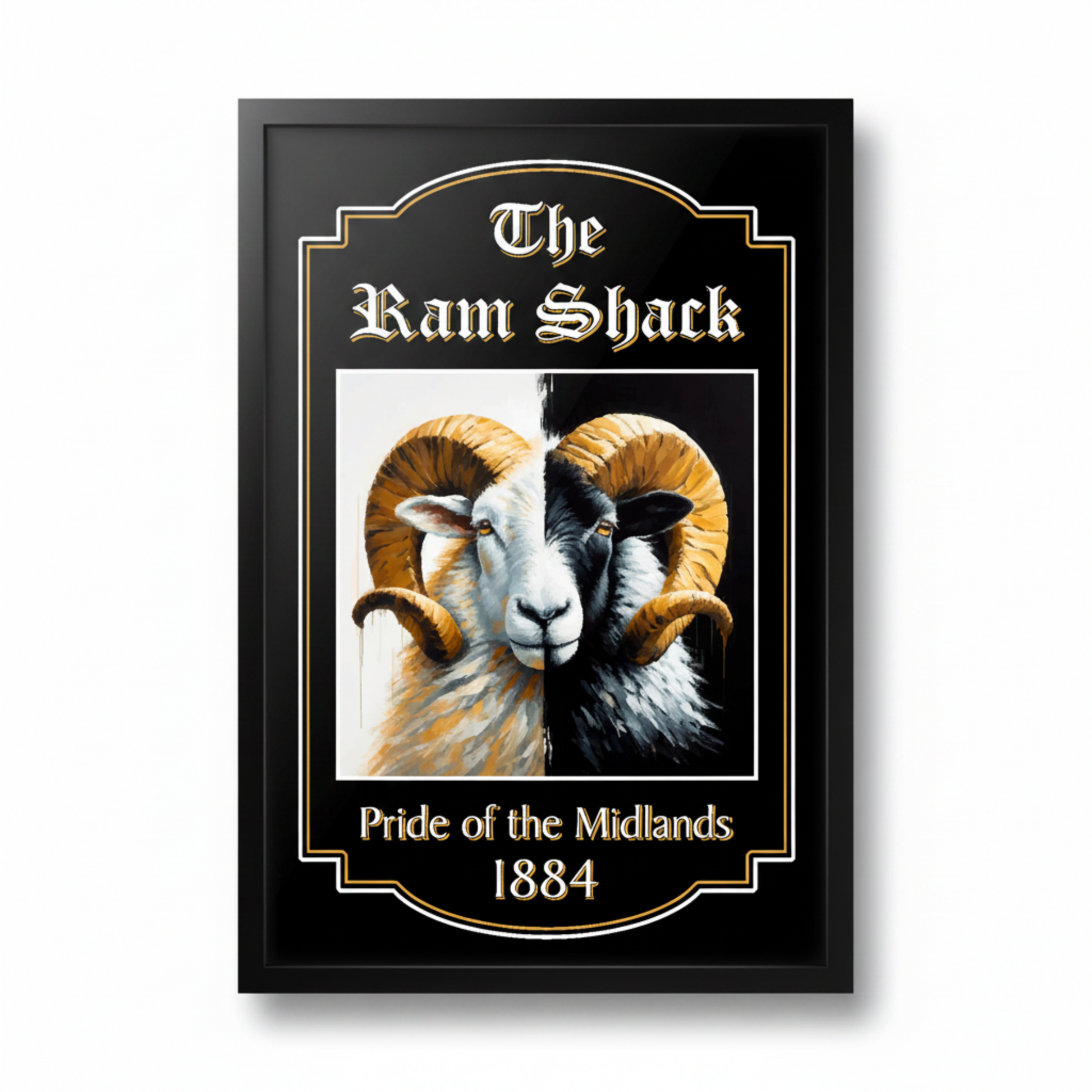 Derby FC decorative sign featuring a ram with text 'The Ram Shack, Pride of the Midlands 1884' on a black background.