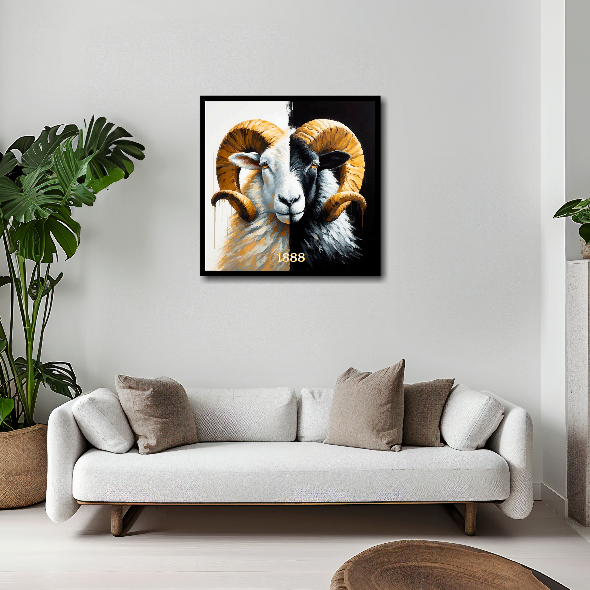 Derby County inspired canvas 20x20 inches above white sofa - vibrant UK football wall art