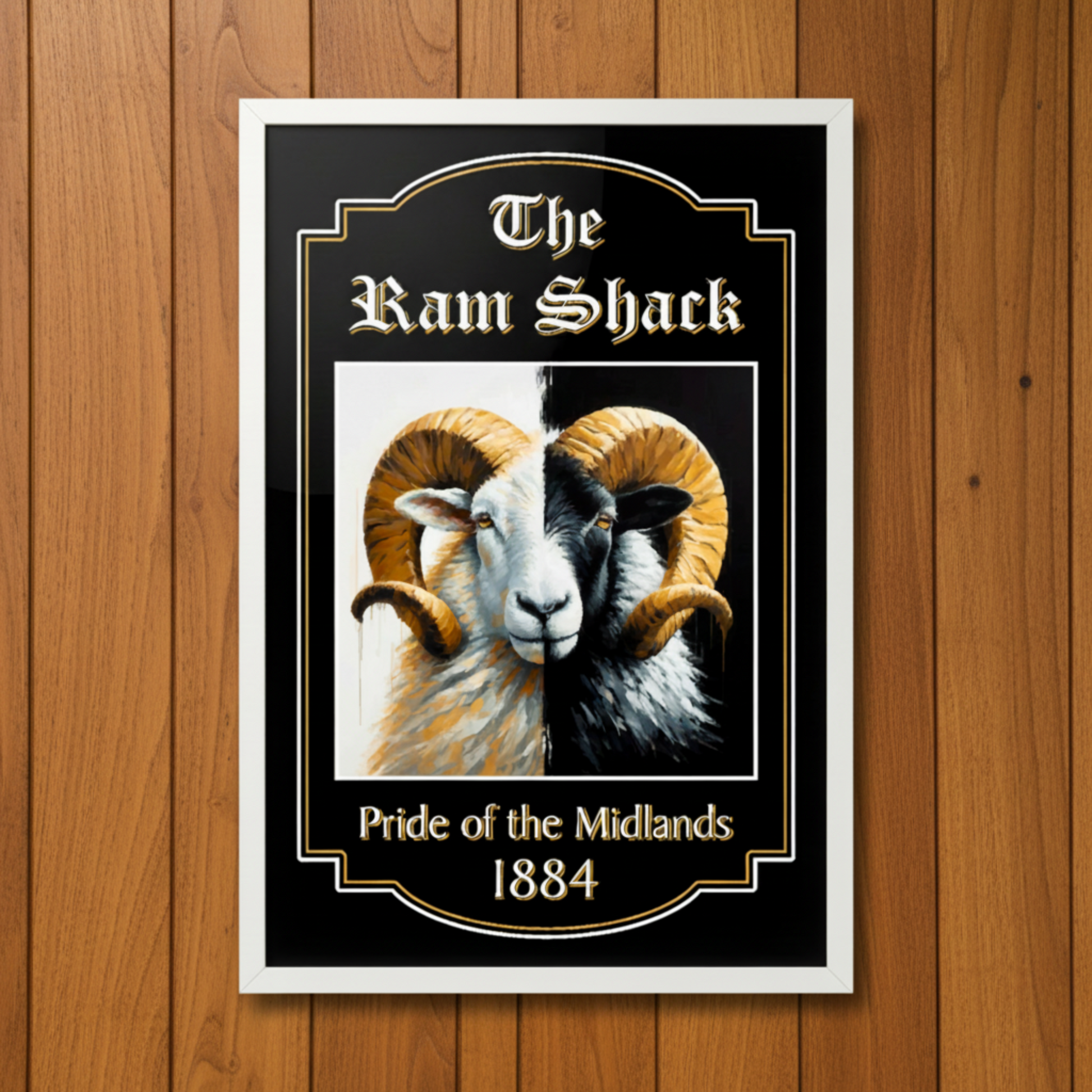 Derby County FC framed art print with a ram illustration and text 'The Ram Shack, Pride of the Midlands 1884' on a wooden background
