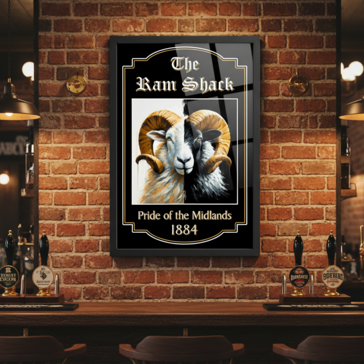 Derby County FC inspired pub sign with a ram illustration and text 'The Ram Shack, Pride of the Midlands 1884' in a bar setting