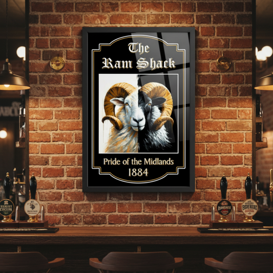 Derby County FC inspired pub sign with a ram illustration and text 'The Ram Shack, Pride of the Midlands 1884' in a bar setting