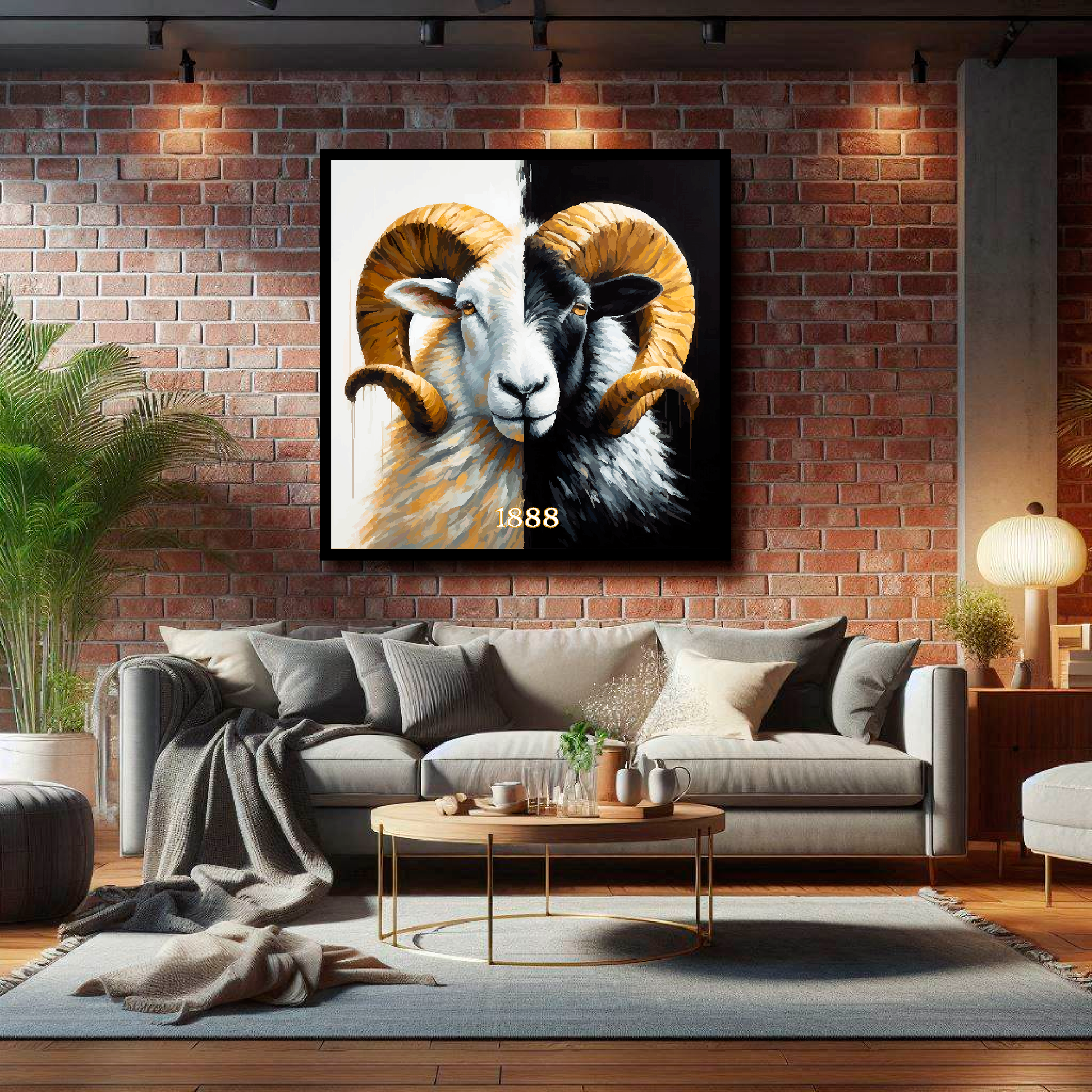 Large Derby County inspired canvas on brick wall above grey sofa - bold UK football art living room