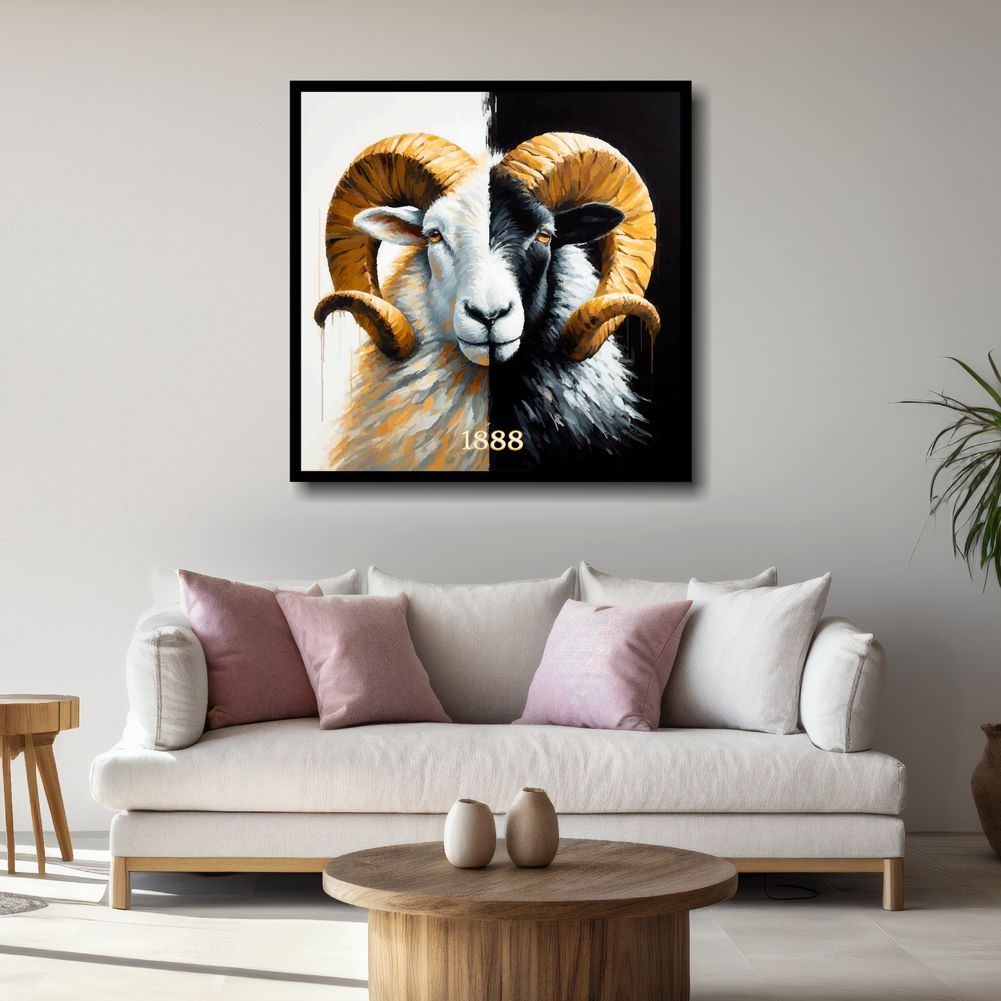 Large Derby County inspired canvas above white sofa - vibrant abstract UK football wall art