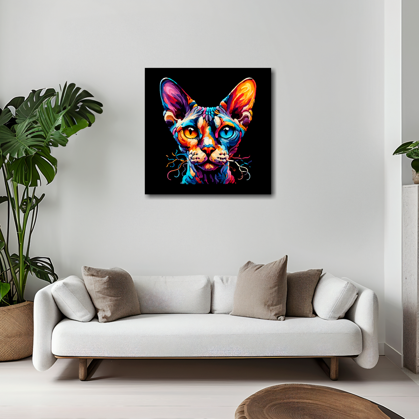 Devon Rex cat canvas 20x20 inches above white sofa - vibrant cat portrait wall art UK
