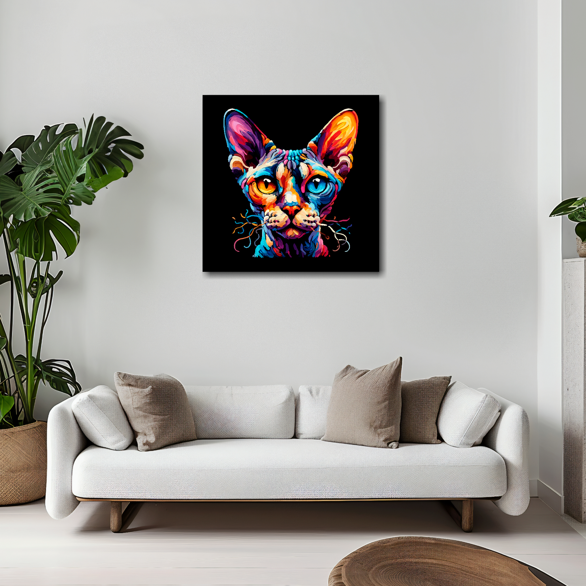 Devon Rex cat canvas 20x20 inches above white sofa - vibrant cat portrait wall art UK