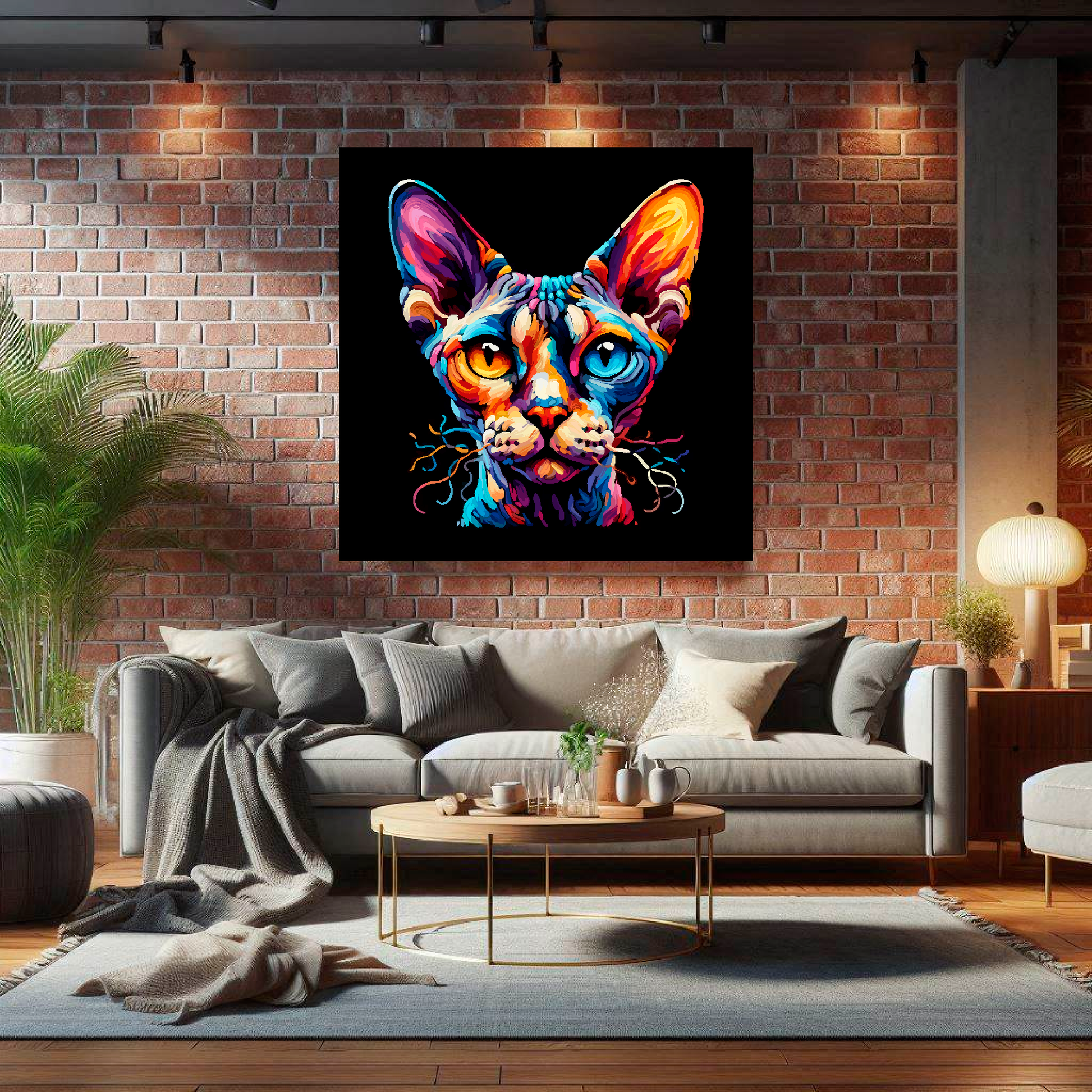 Large Devon Rex cat canvas on brick wall above grey sofa - bold cat portrait UK living room