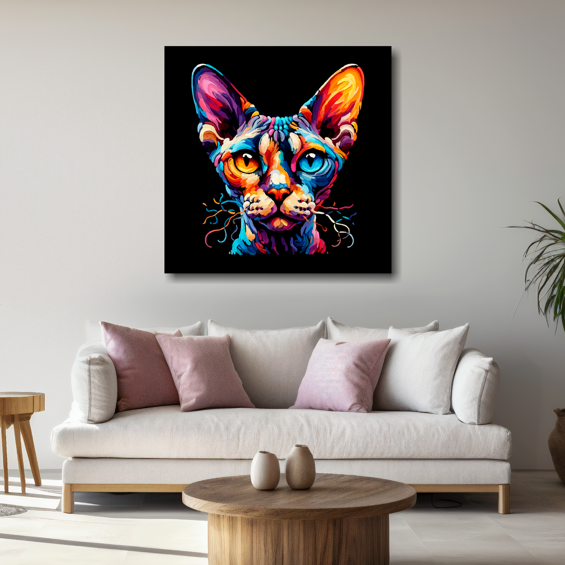 Large Devon Rex cat canvas above white sofa - vibrant abstract cat portrait wall art UK