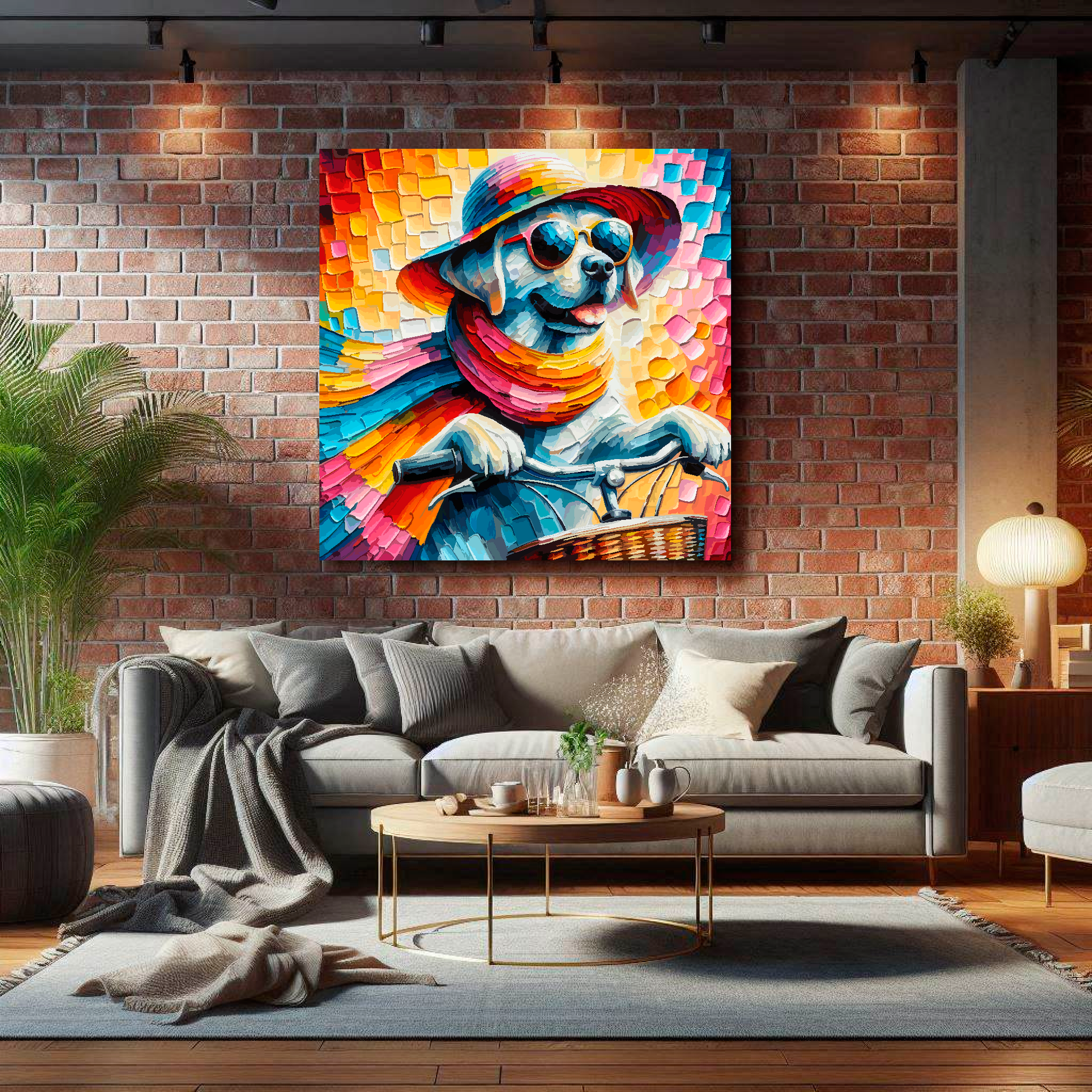 Large lab on a bicycle canvas on brick wall above grey sofa - bold whimsical art UK living room