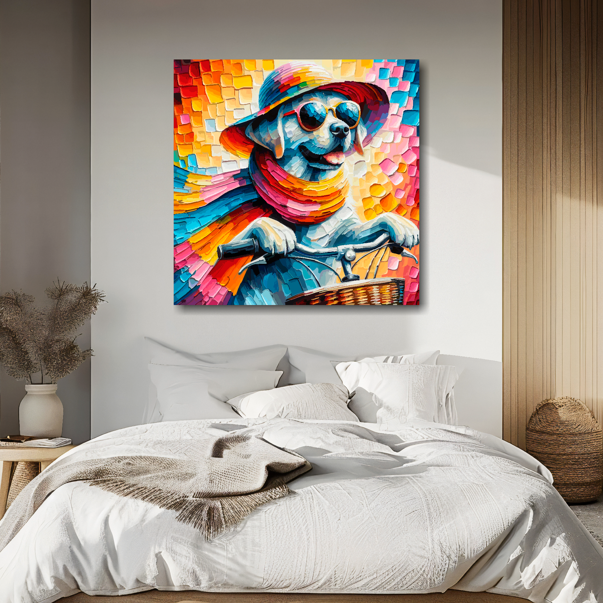 Lab on a bicycle canvas above bed - colourful whimsical wall decor for UK bedrooms