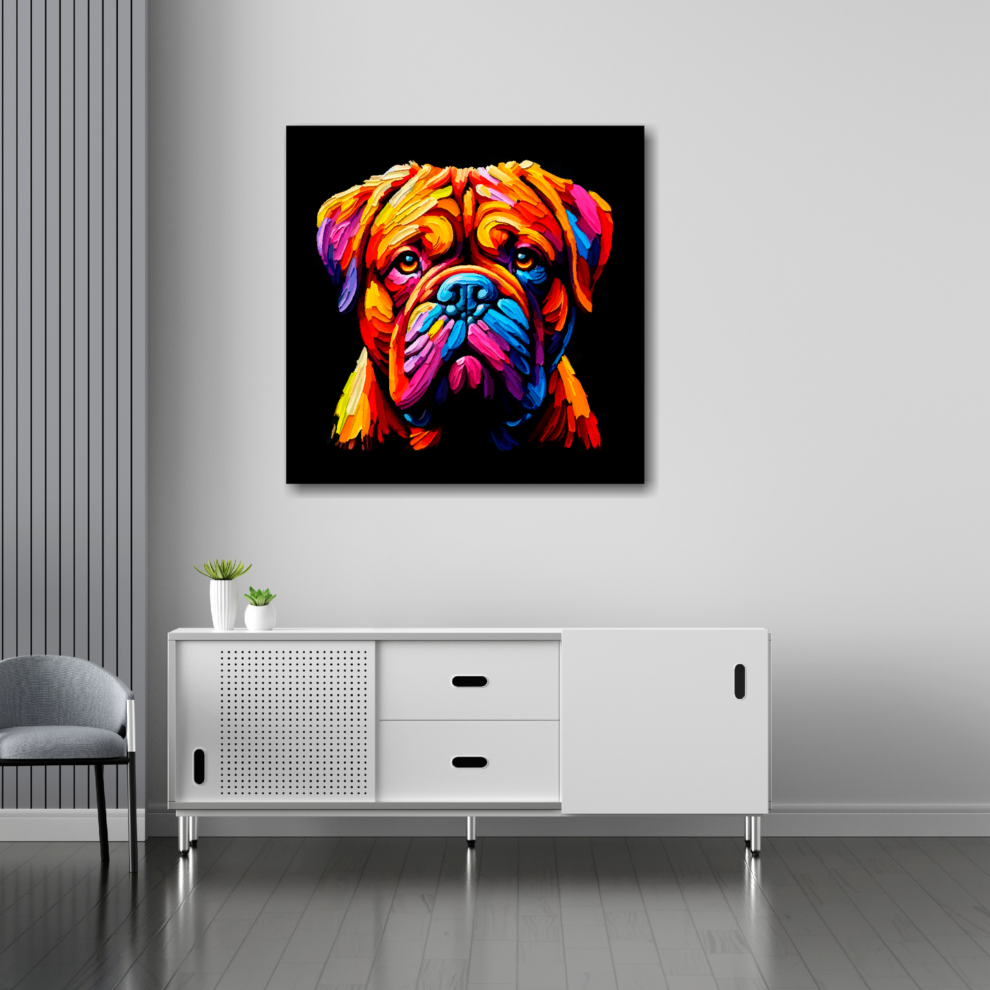 Dogue De Bordeaux canvas 30x30 inches above sideboard - large colourful dog portrait UK made