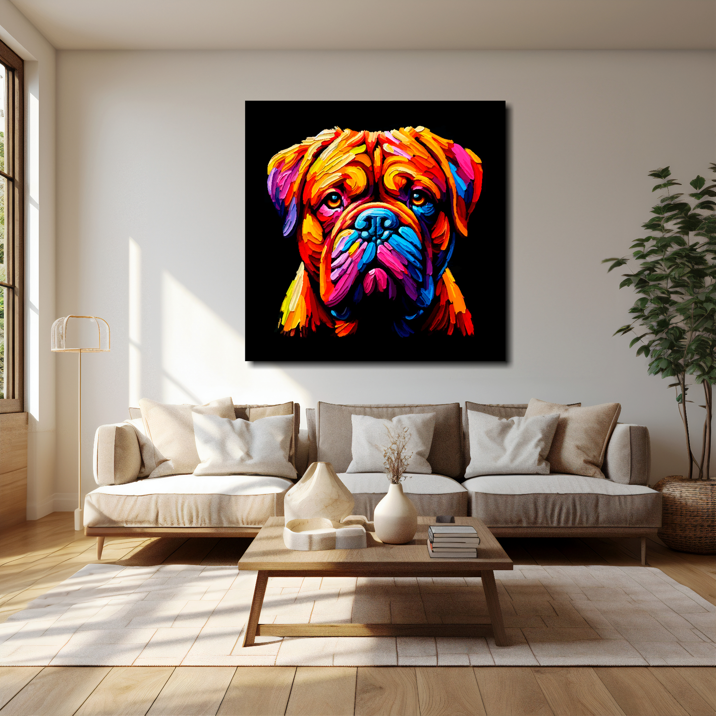 Dogue De Bordeaux canvas 40x40 inches above cream sofa - XL vibrant dog wall art UK
