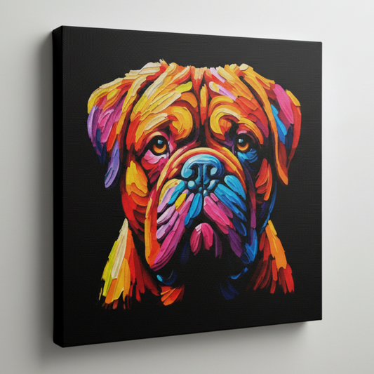 Colourful Dogue De Bordeaux dog portrait canvas print - UK made abstract pet wall art black background