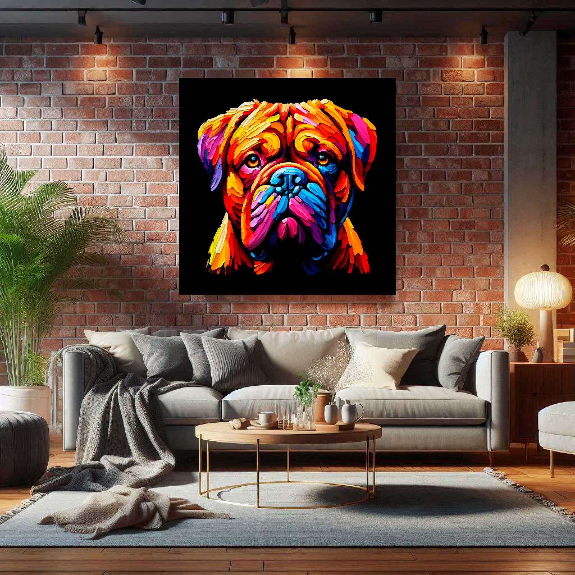 Large Dogue De Bordeaux canvas on brick wall above grey sofa - bold dog portrait UK living room