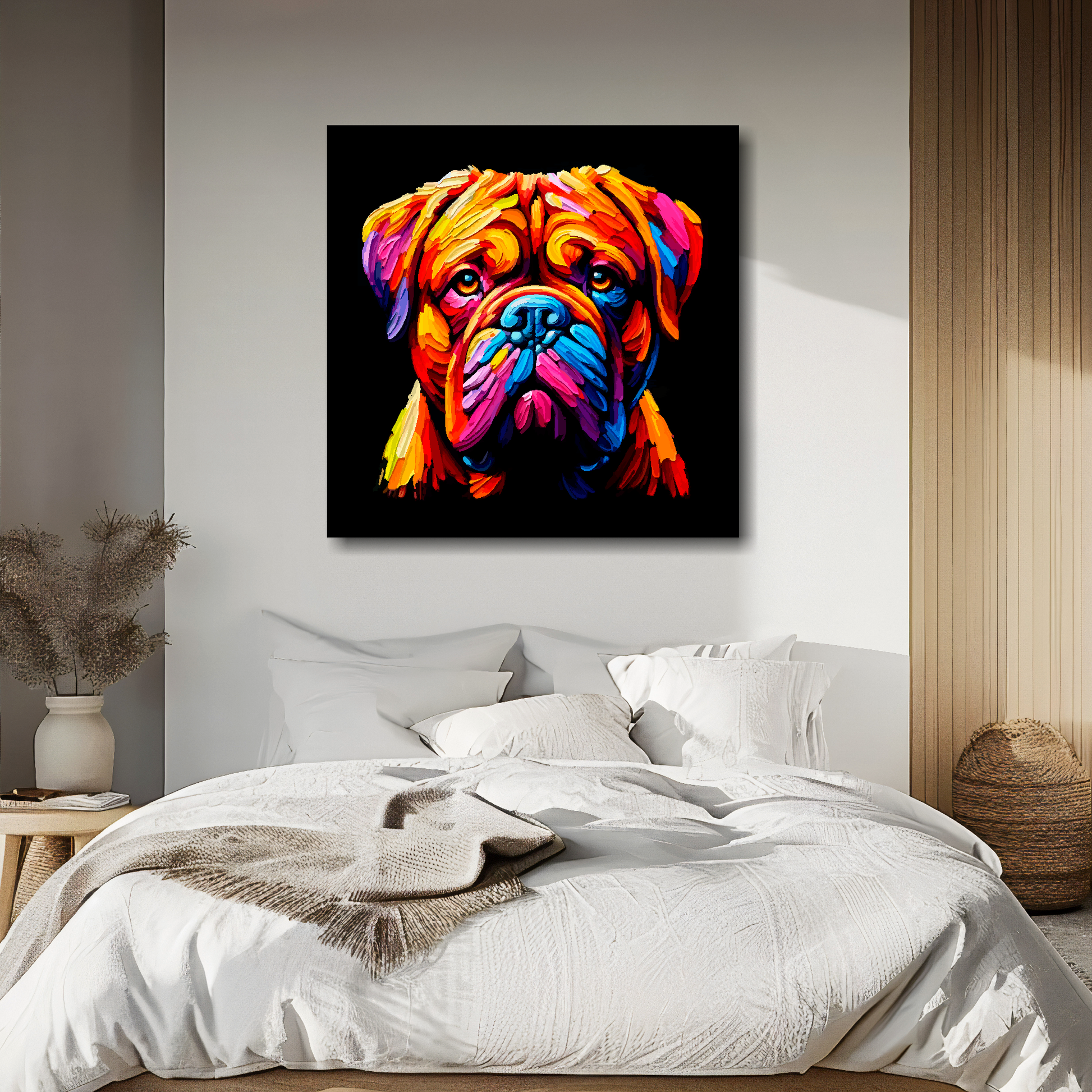Dogue De Bordeaux portrait canvas above bed - colourful dog wall decor for UK bedrooms