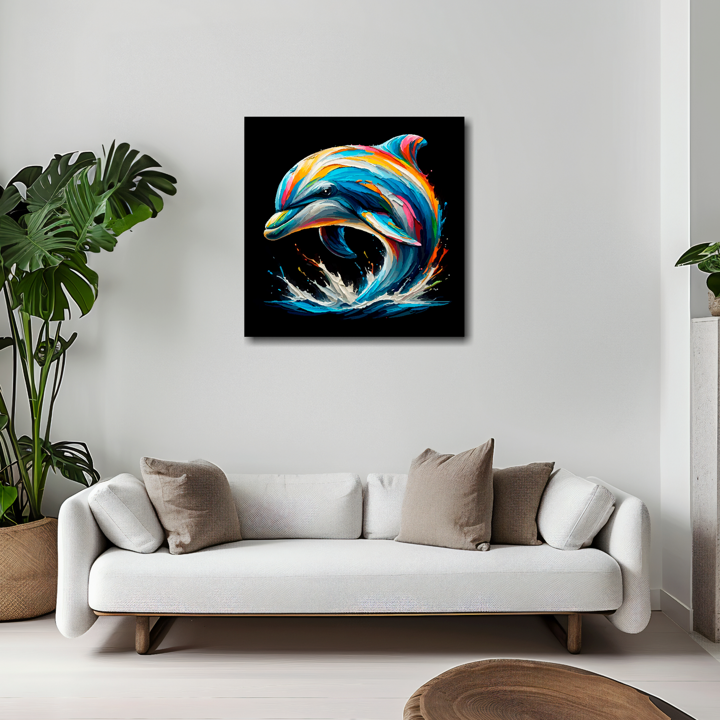 Dolphin canvas 20x20 inches above white sofa - vibrant wildlife portrait wall art UK
