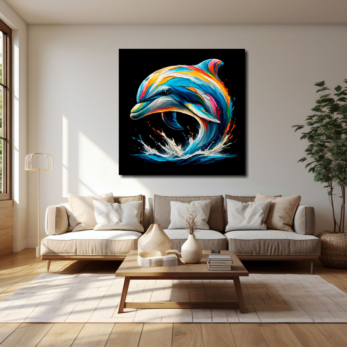 Dolphin canvas 40x40 inches above cream sofa - XL vibrant wildlife wall art UK