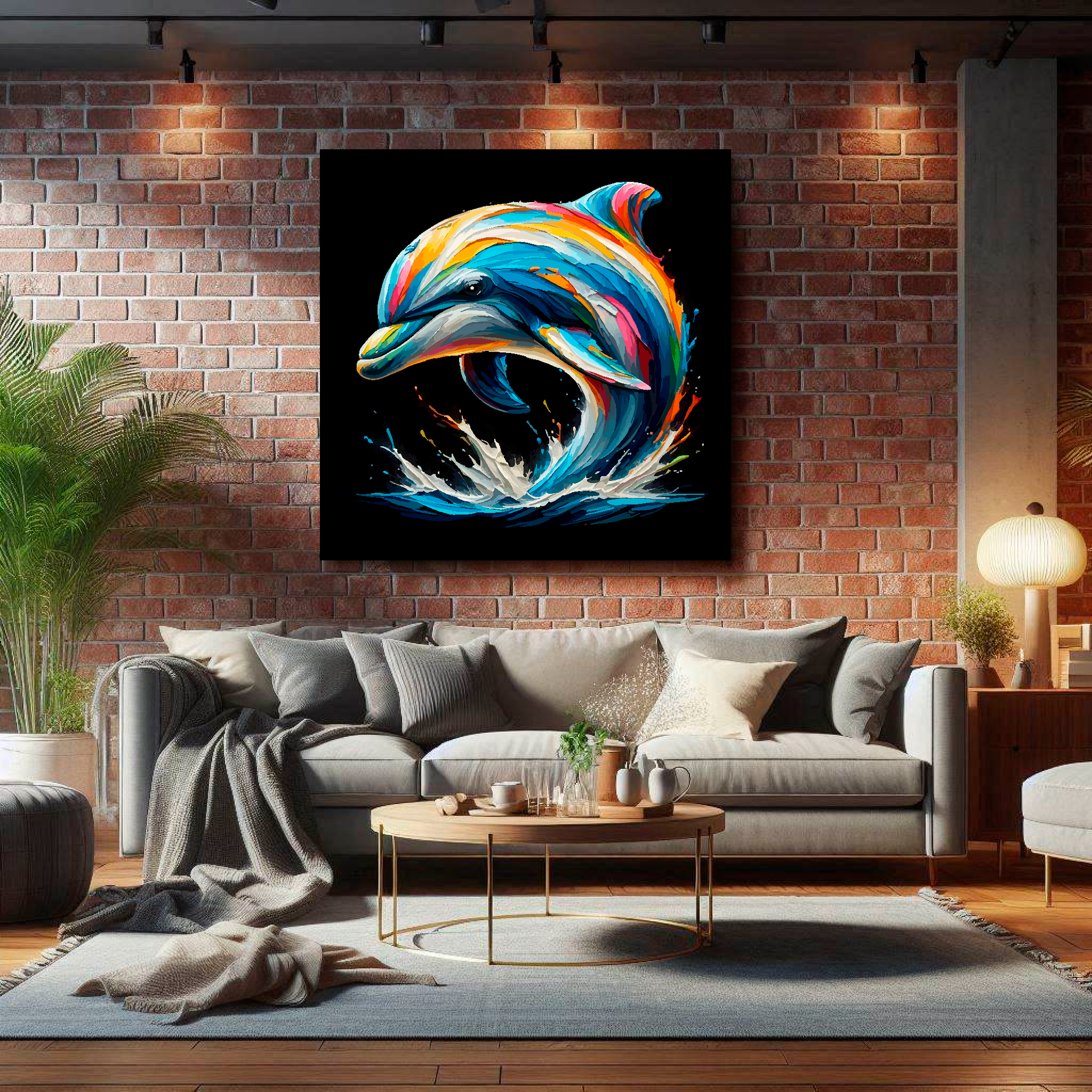 Large Dolphin canvas on brick wall above grey sofa - bold wildlife portrait UK living room